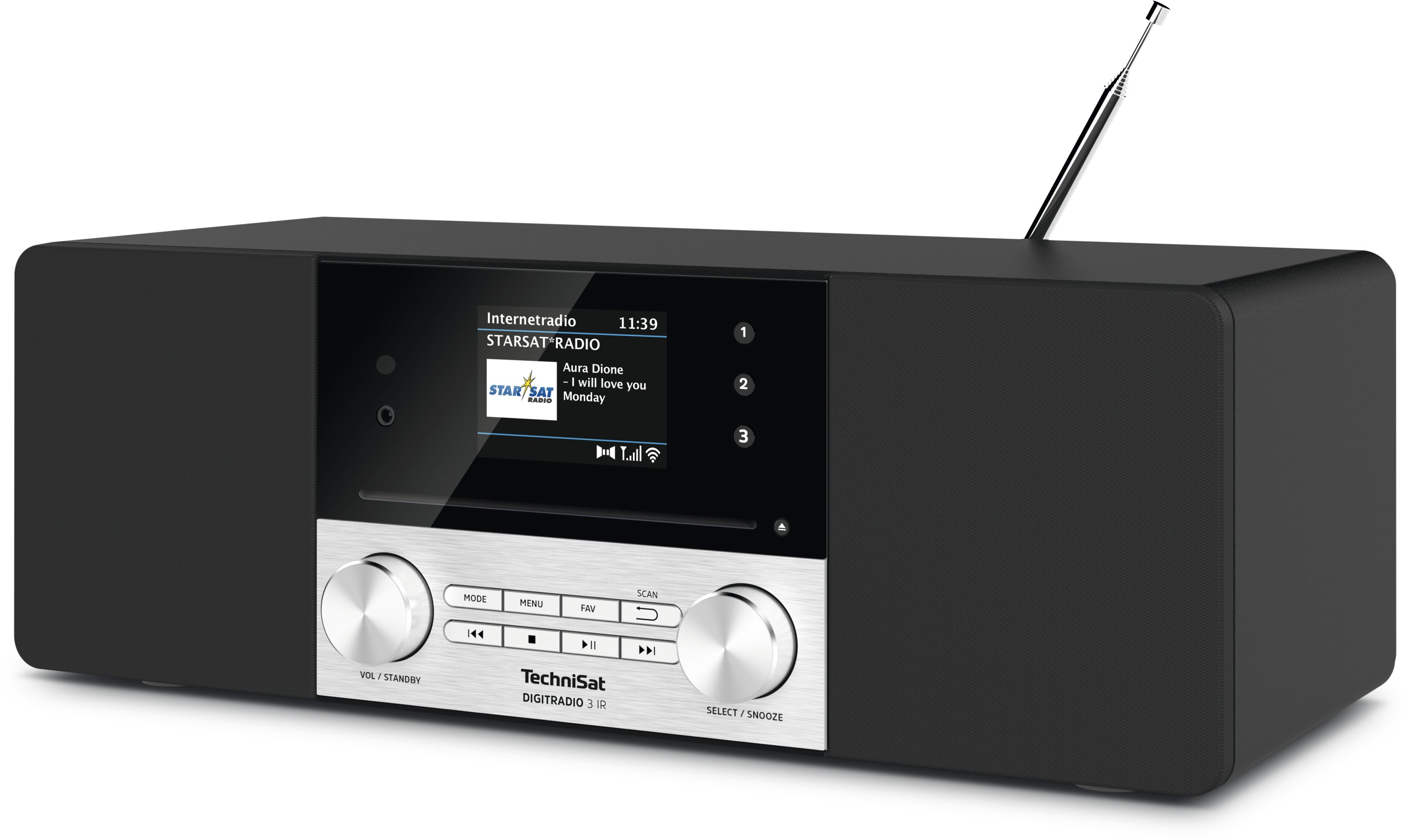 A black TechniSat radio with a screen showing radio info. It has silver knobs and a retractable antenna.