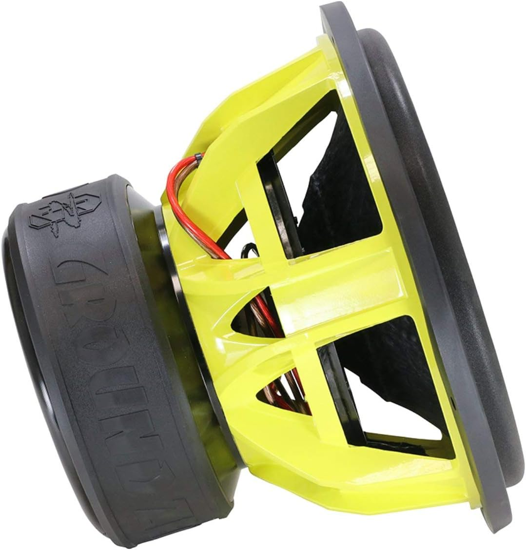Ein gelber und schwarzer Subwoofer. Er hat eine schwarze Gummisicke und einen gelben Rahmen mit sichtbaren Drähten. Der Hintergrund ist weiß.