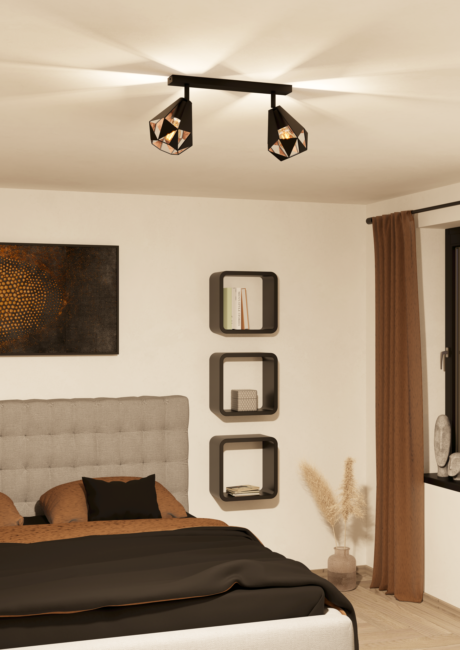 Un dormitorio con cama, lámparas y decoración. Hay una pintura en la pared. La habitación tiene un ambiente cálido y acogedor.