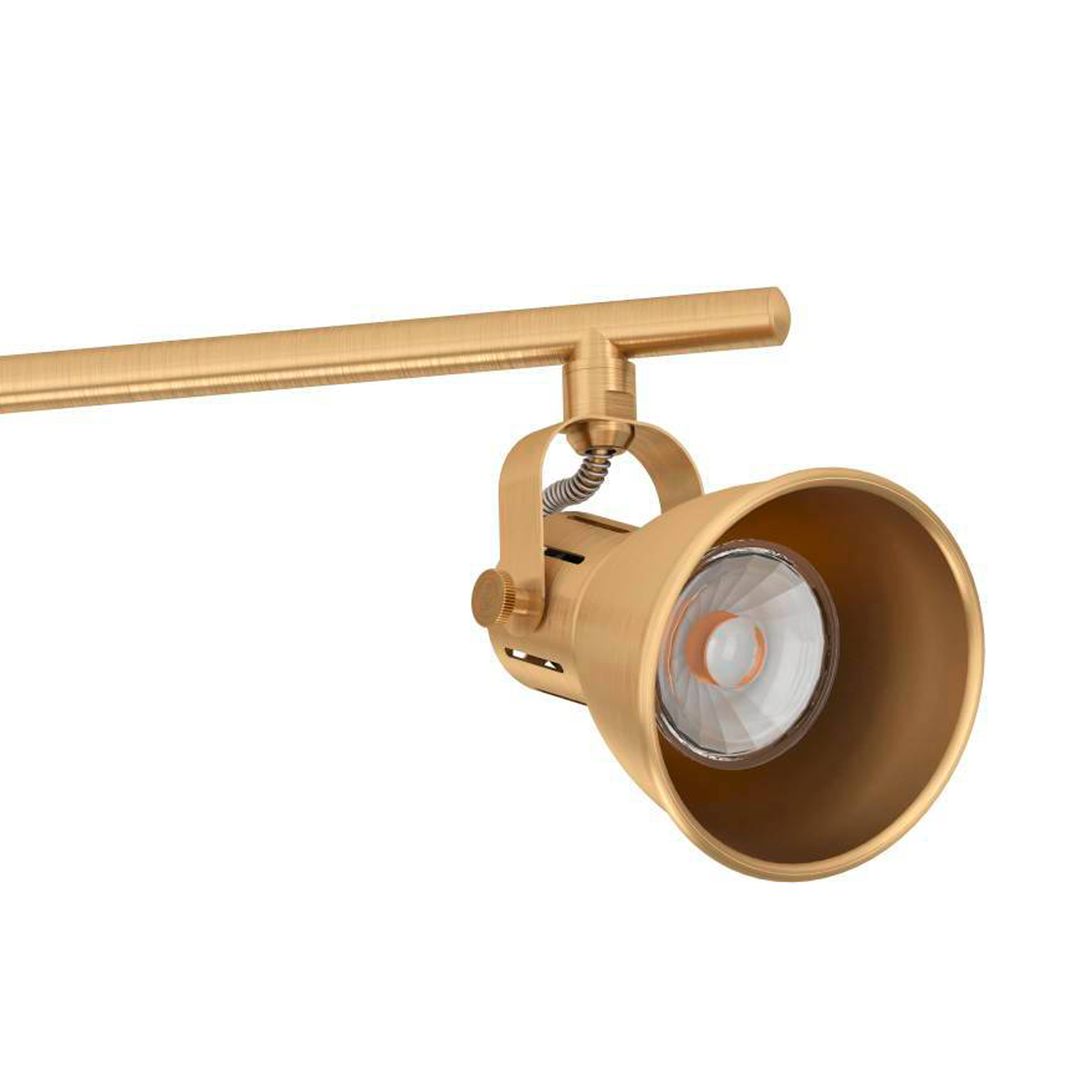 Un faretto dorato con una lampadina trasparente, montato su un braccio dorato, su sfondo bianco.