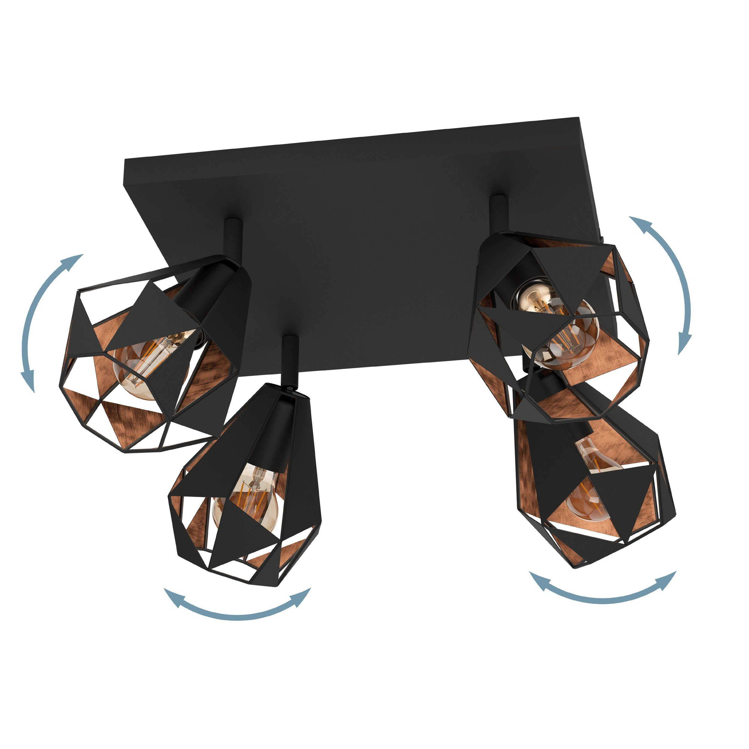 Lámpara de techo negra con cuatro luces ajustables. Cada luz tiene un diseño de jaula geométrica, detalles en cobre y una bombilla.