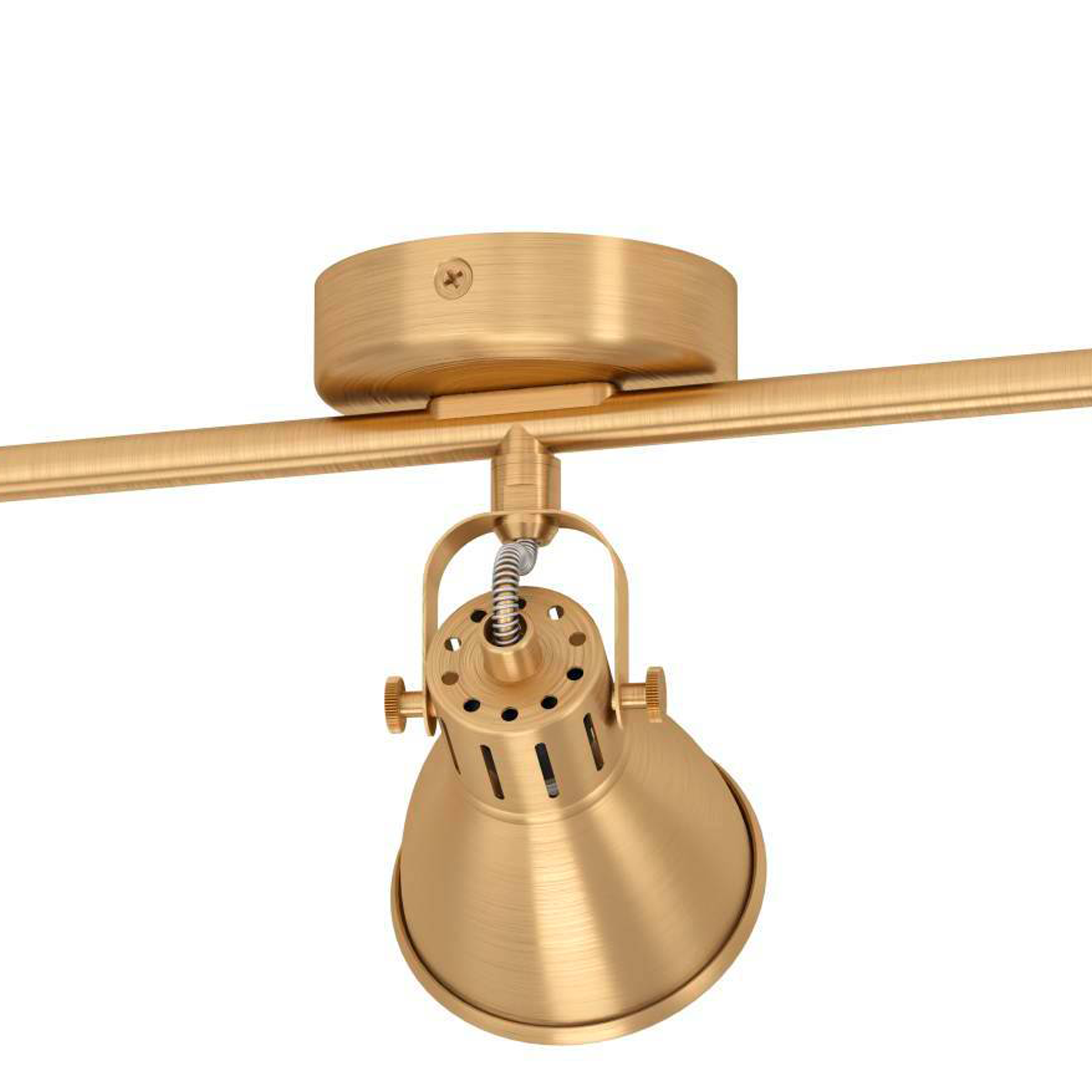Un faretto dorato è montato su una barra dorata. Ha una base rotonda e una lampada a forma di cono.