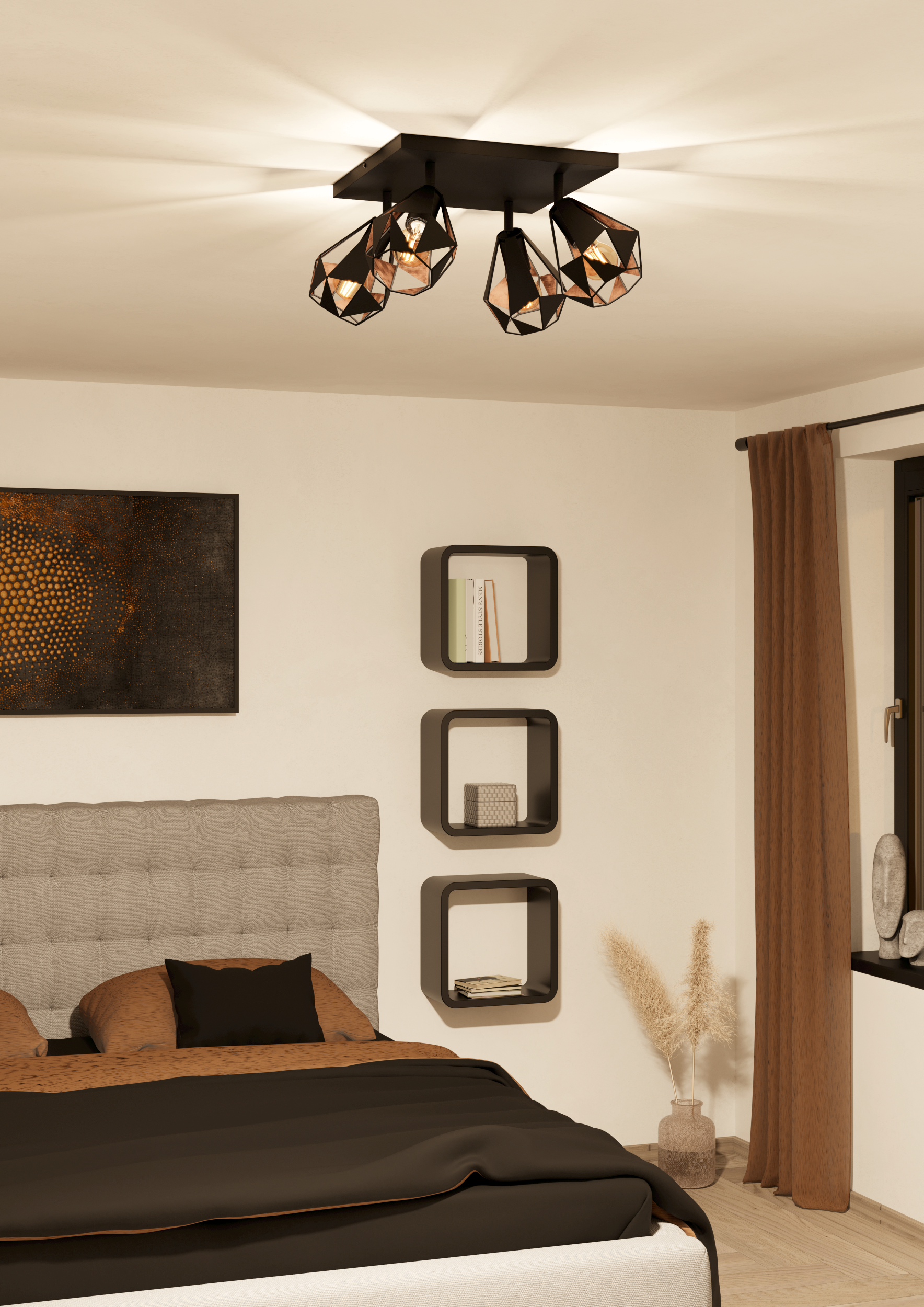 Escena de dormitorio con cama, luces geométricas, estantes y arte. Ropa de cama marrón y negra, cortinas y adornos.