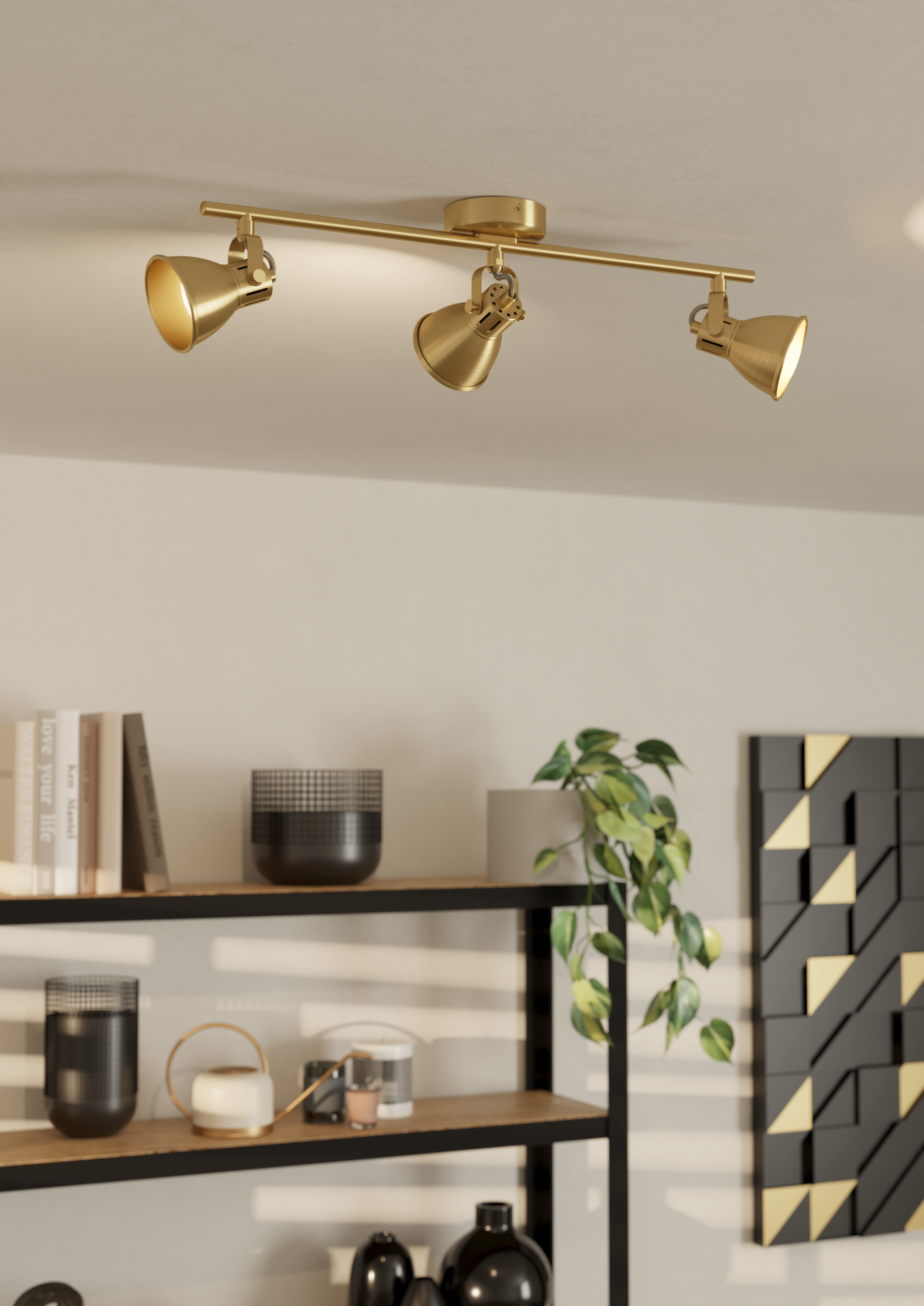 Un soffitto con tre faretti dorati. Sotto, una mensola con decorazioni, tra cui libri e una pianta.