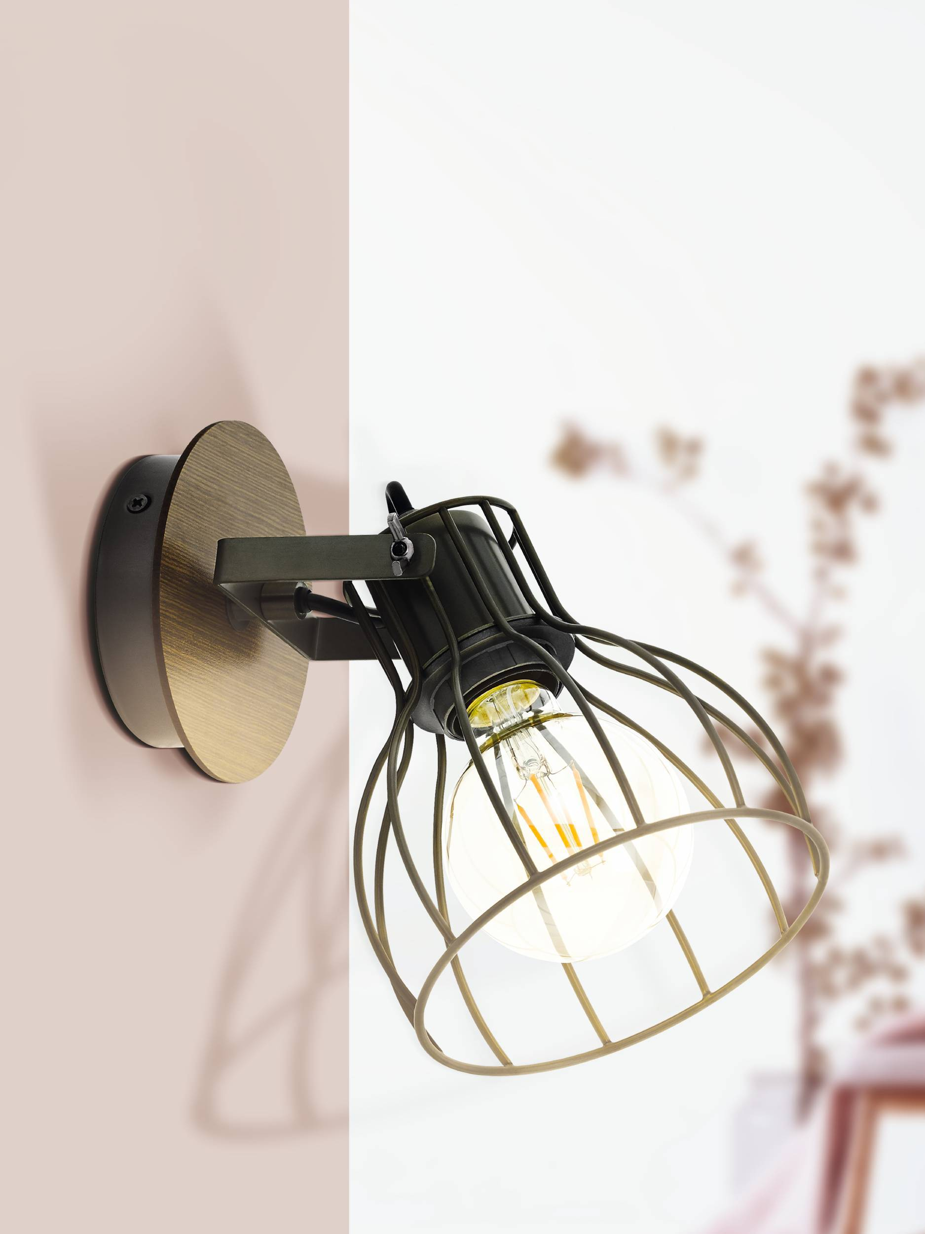 Una lampada da parete con un paralume a gabbia. La lampada è montata su un muro rosa. Sullo sfondo, piante sfocate.