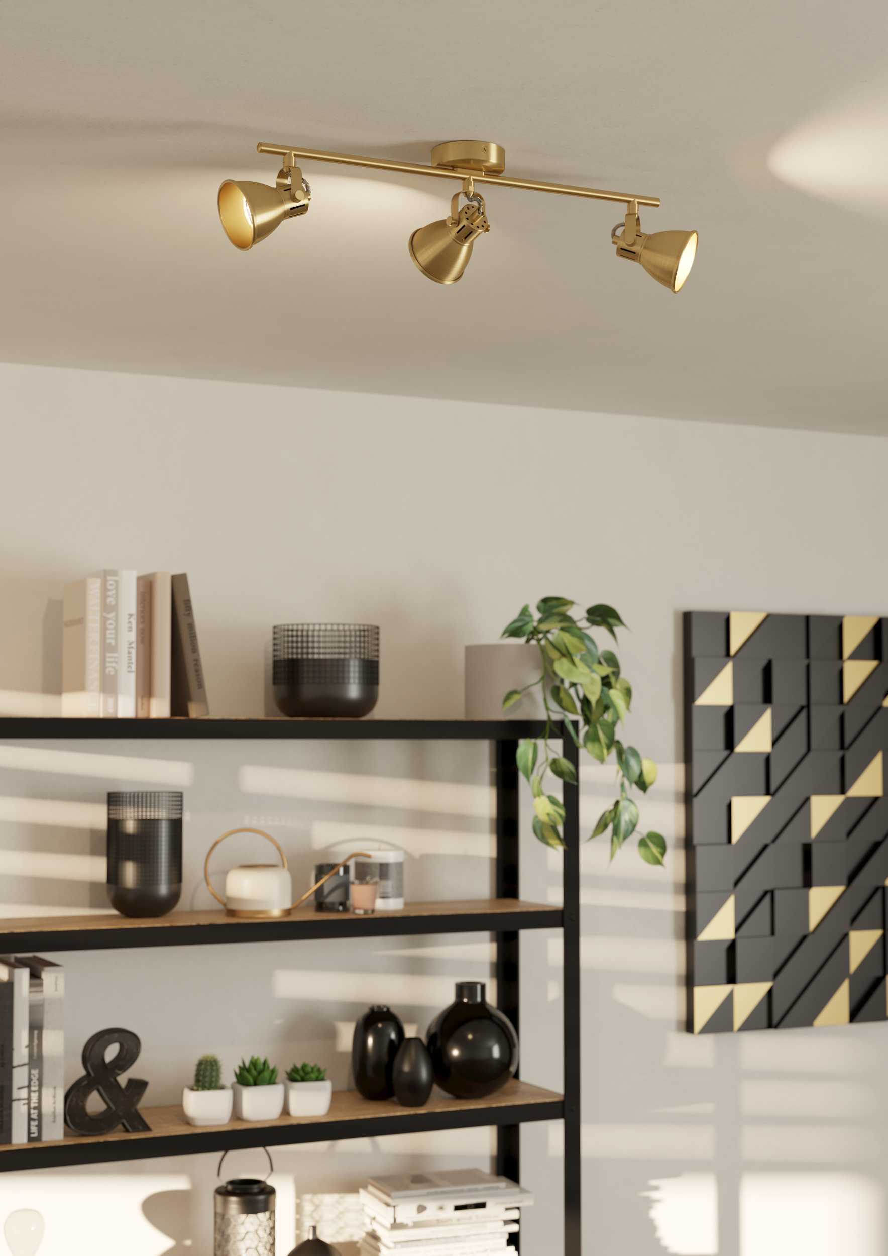 Scena interna moderna con una lampada da soffitto, mensole con decorazioni e un'opera d'arte murale con motivi geometrici.