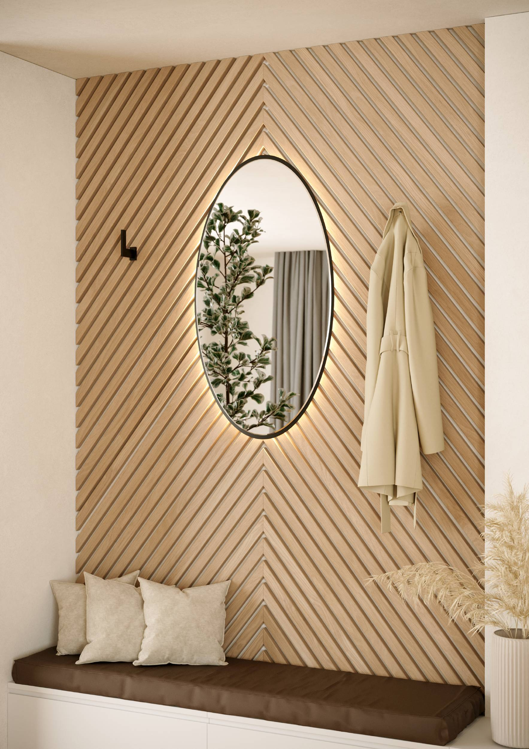 Ein Eingangsbereich mit Holzpaneelwand, ovalem Spiegel, Mantel, Bank mit Kissen und einer Vase mit trockenen Pflanzen.