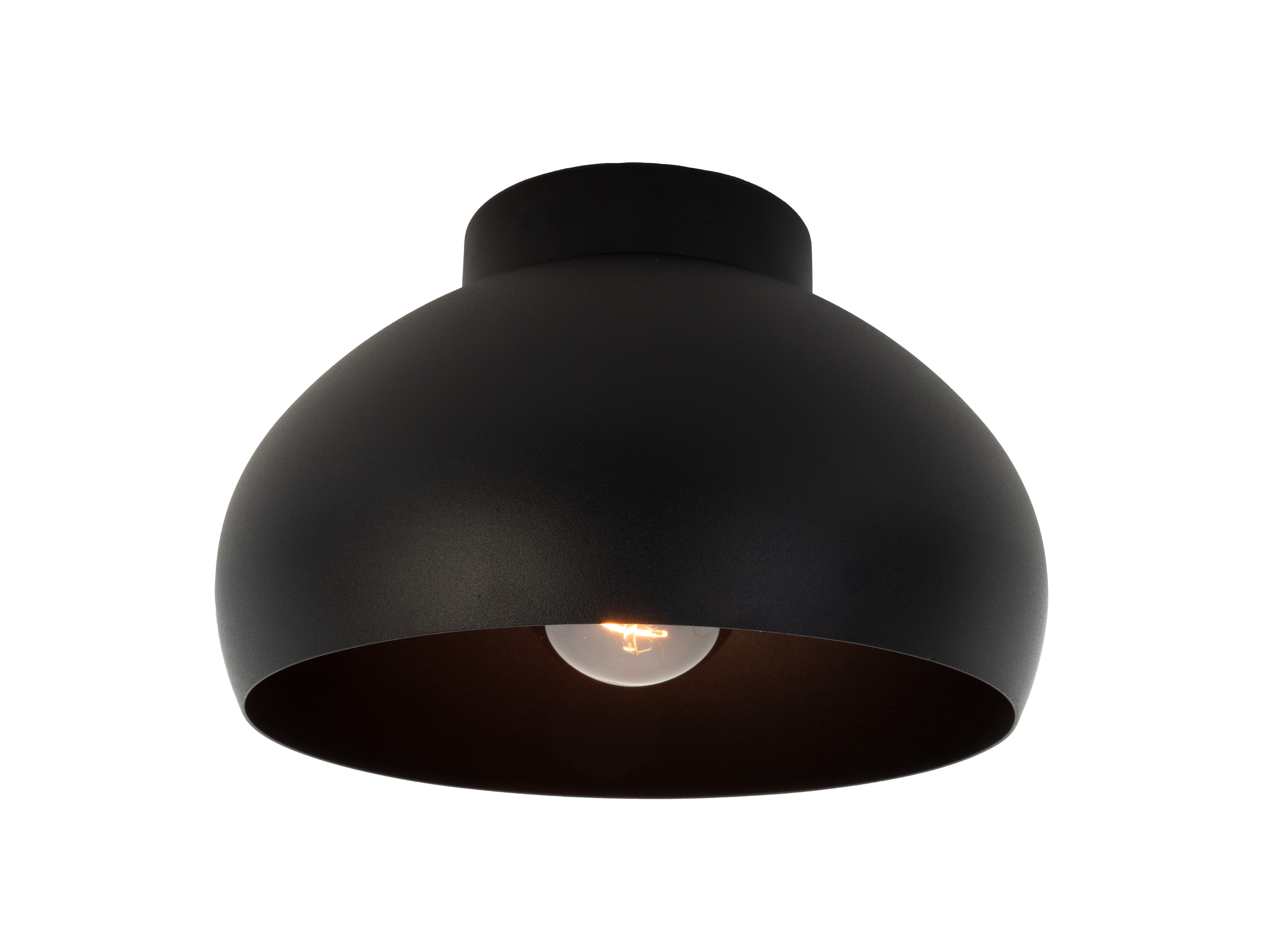 Un lampadario nero con una lampadina visibile su sfondo bianco.