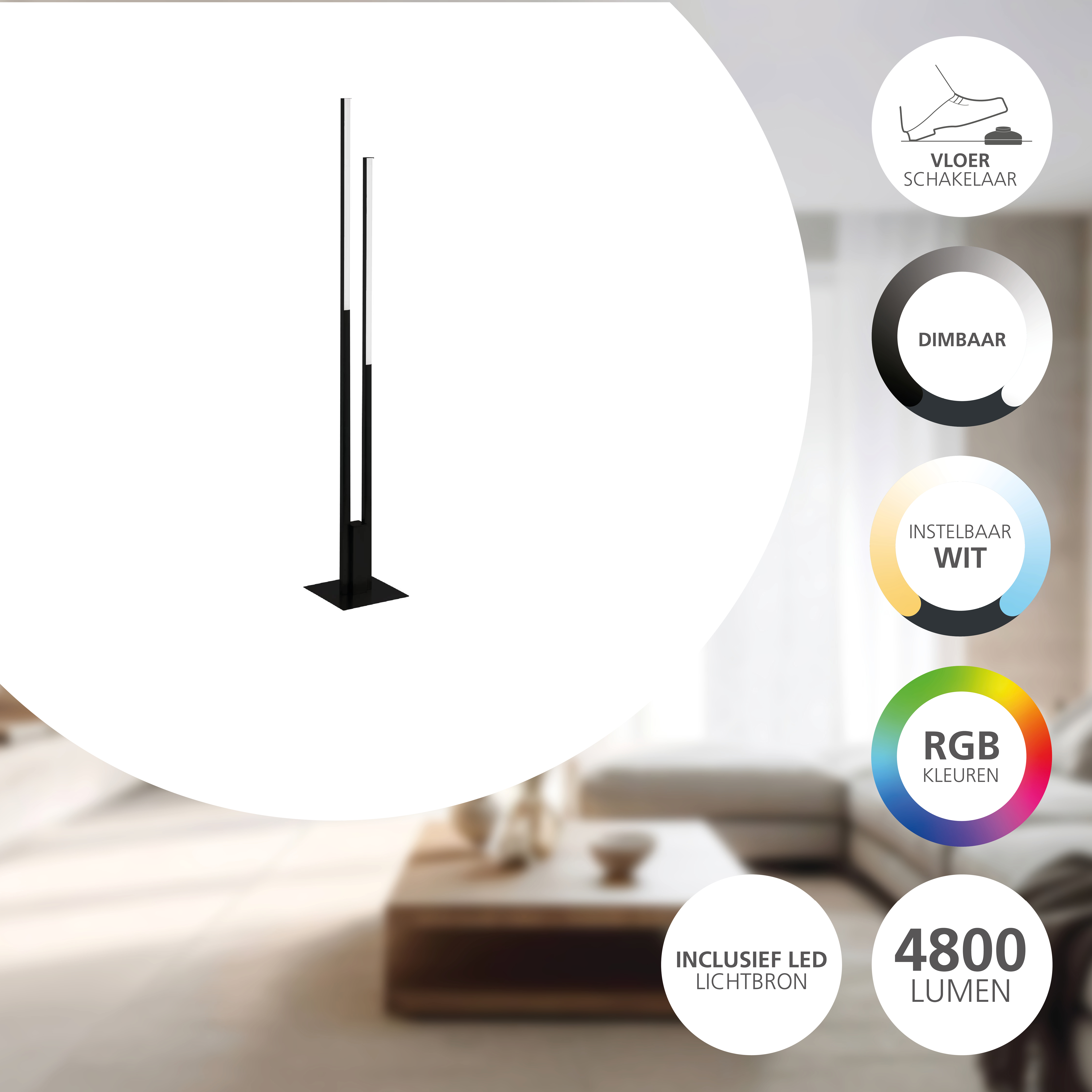 Eine schwarze Stehlampe mit zwei Lichtleisten steht auf einem quadratischen Sockel. Informationssymbole im Hintergrund.