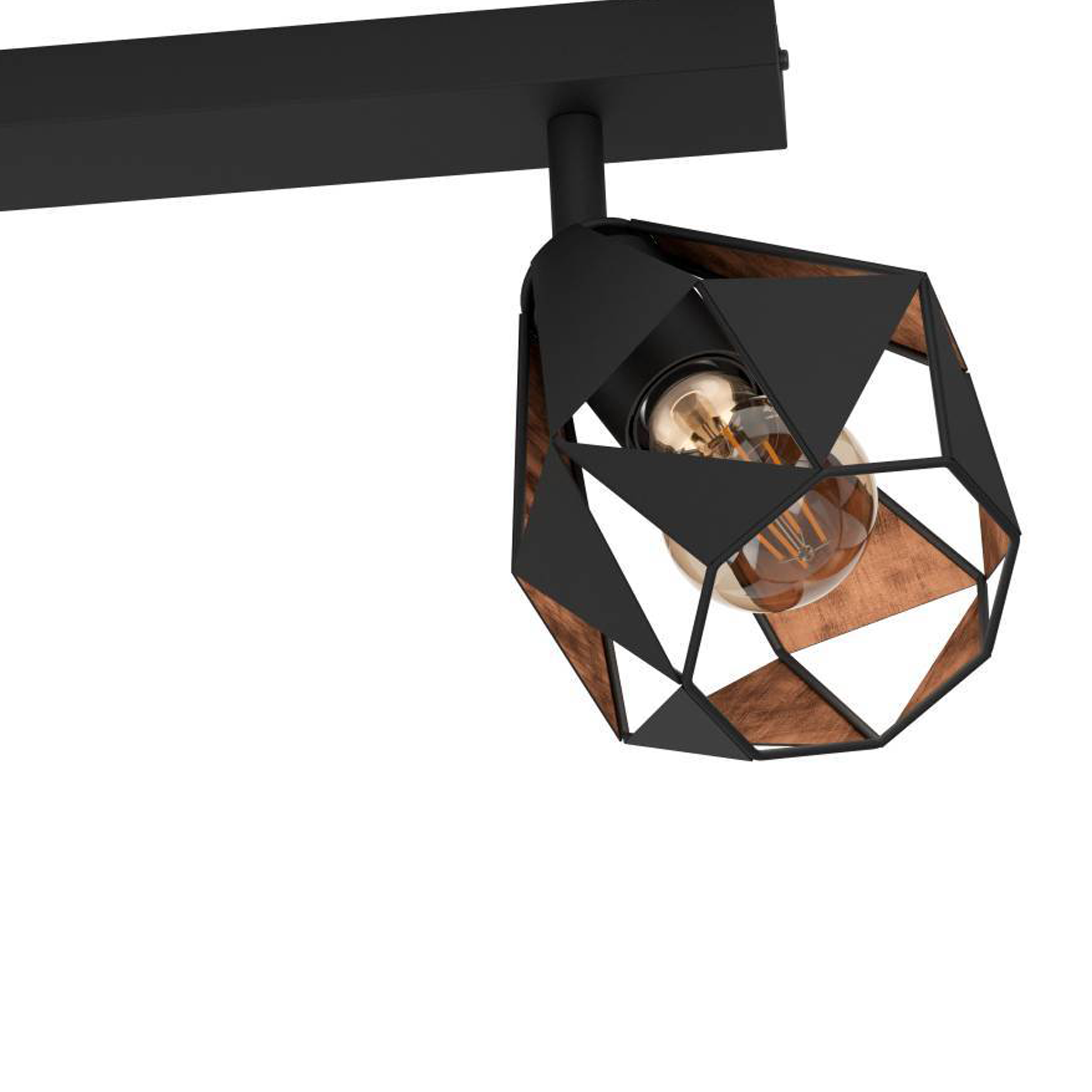 Una lámpara geométrica negra con una bombilla visible. El accesorio tiene elementos de madera y negros.