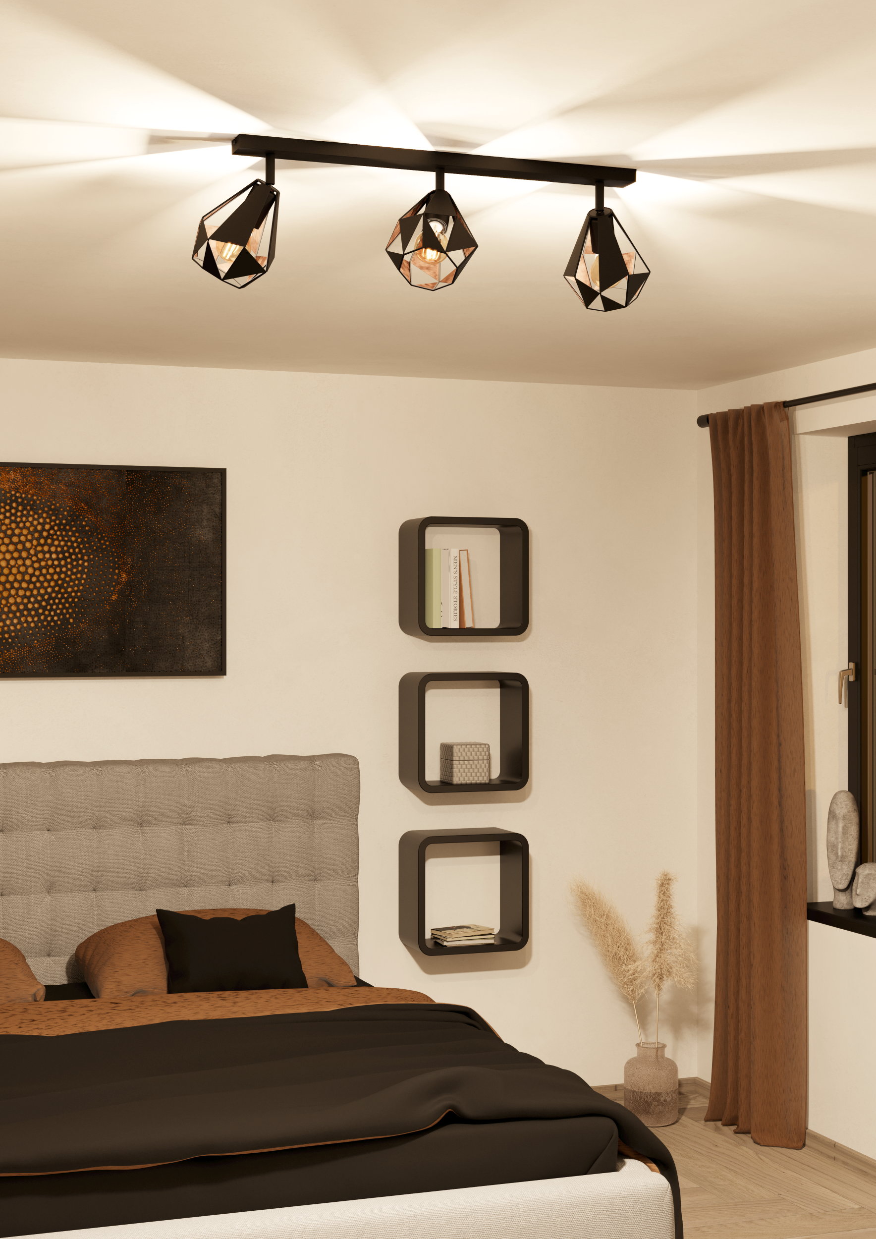Escena de dormitorio con cama, luces geométricas y estantes decorativos. Incluye cortinas marrones y un jarrón con hierba alta.