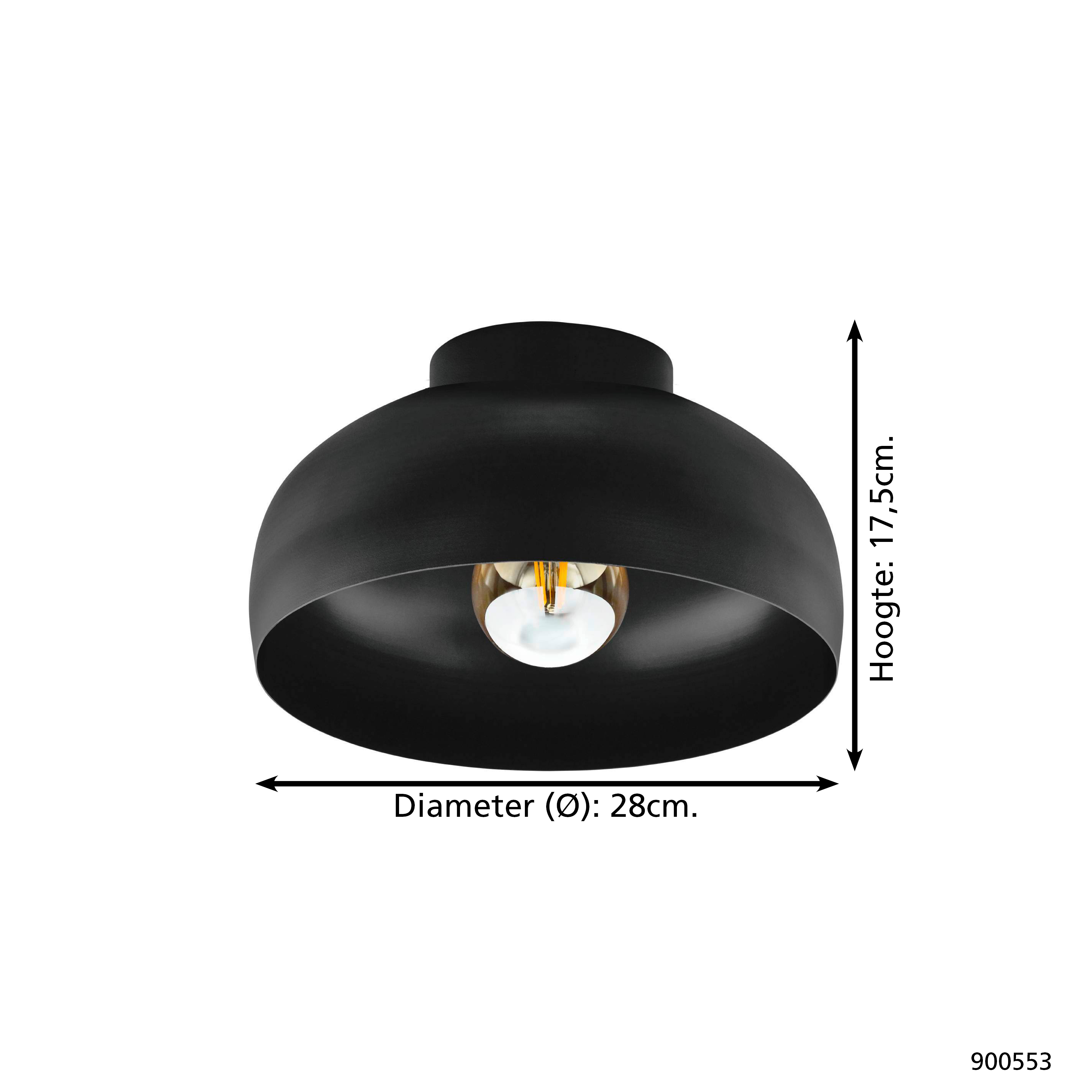 Lampada da soffitto nera a forma di cupola con lampadina visibile, dimensioni: diametro 28 cm, altezza 17,5 cm. Isolato su sfondo bianco.