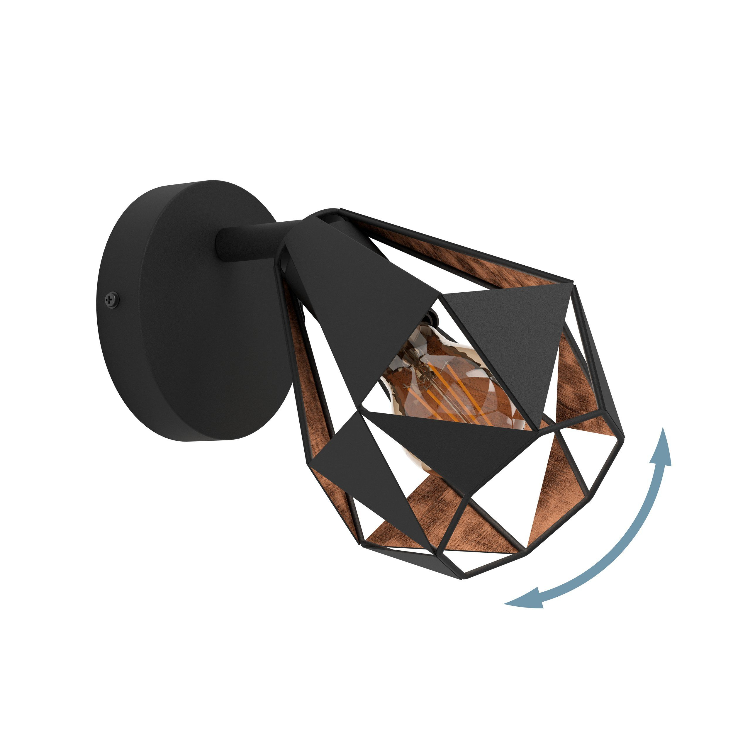 Lámpara de pared geométrica negra y cobre. Flecha indica ajustabilidad. Aislada sobre fondo blanco.