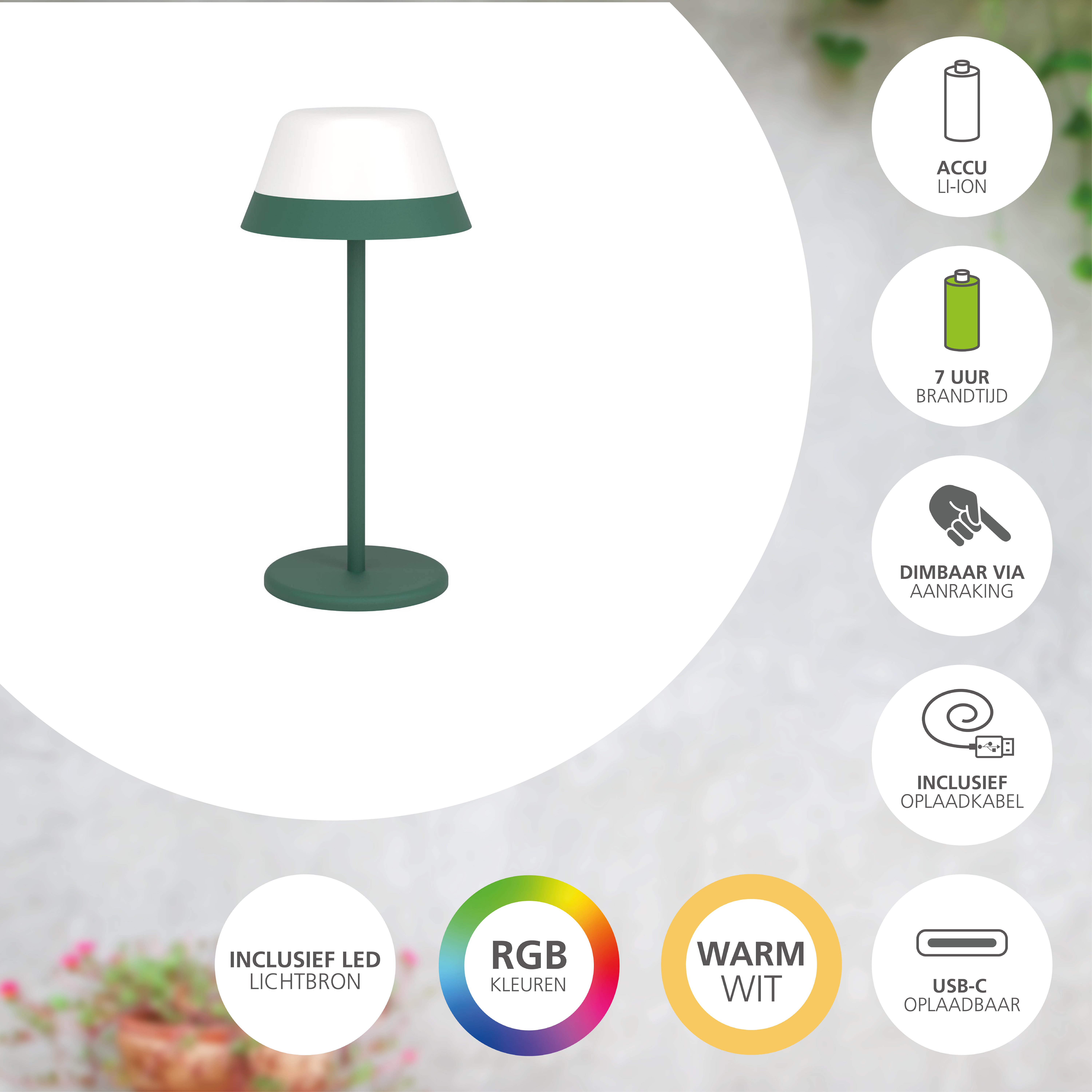 Eine grüne Tischlampe mit weißem Lampenschirm. Textdetails Akku, 7 Stunden, Berührung, USB-C, RGB-Farben.