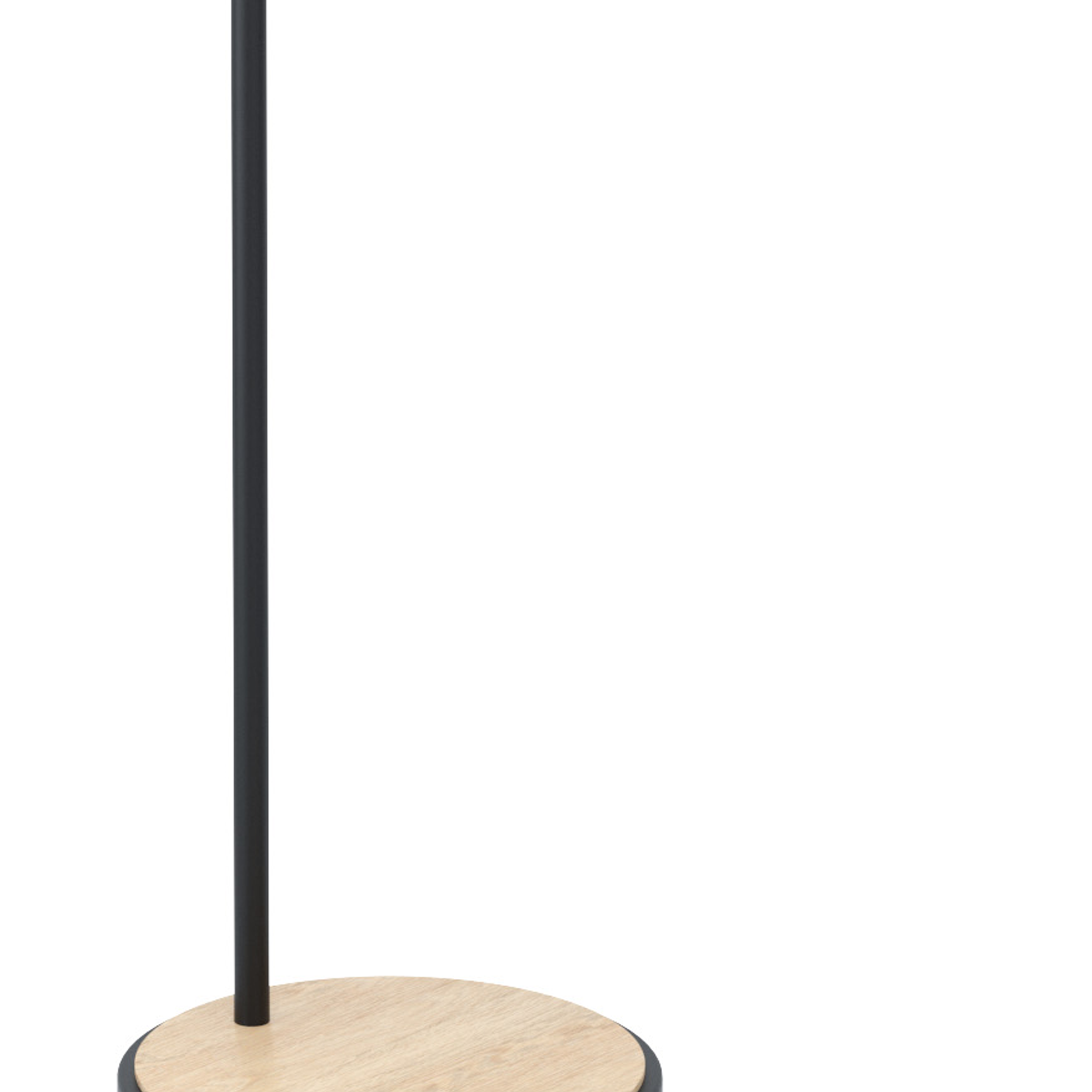Un poteau de lampe noir s'étend d'une base circulaire en bois. Le fond est blanc.