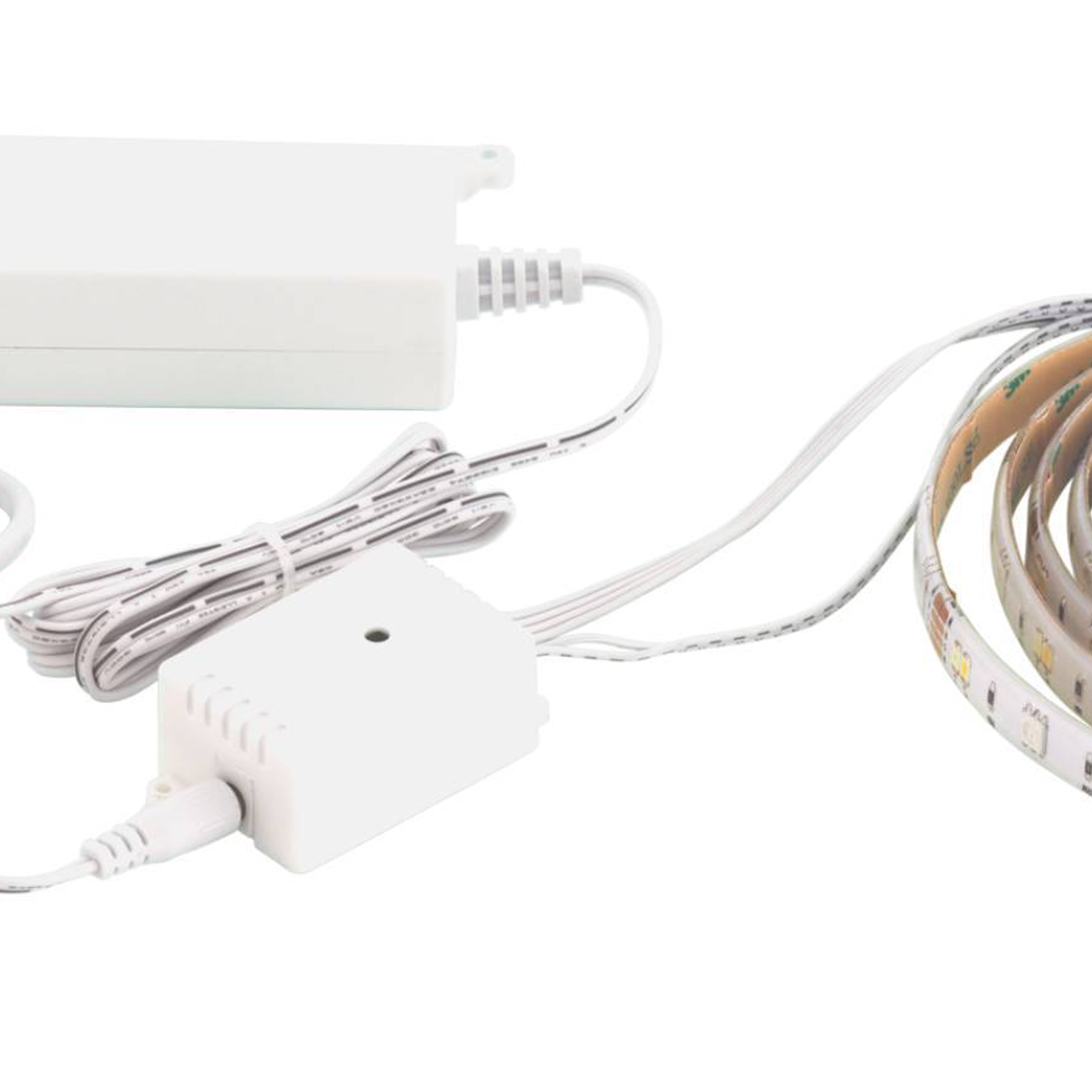 Weiße LED-Streifen mit Stromversorgungskomponenten. Enthält einen Netzadapter, eine Steuerbox und eine Rolle Lichter.