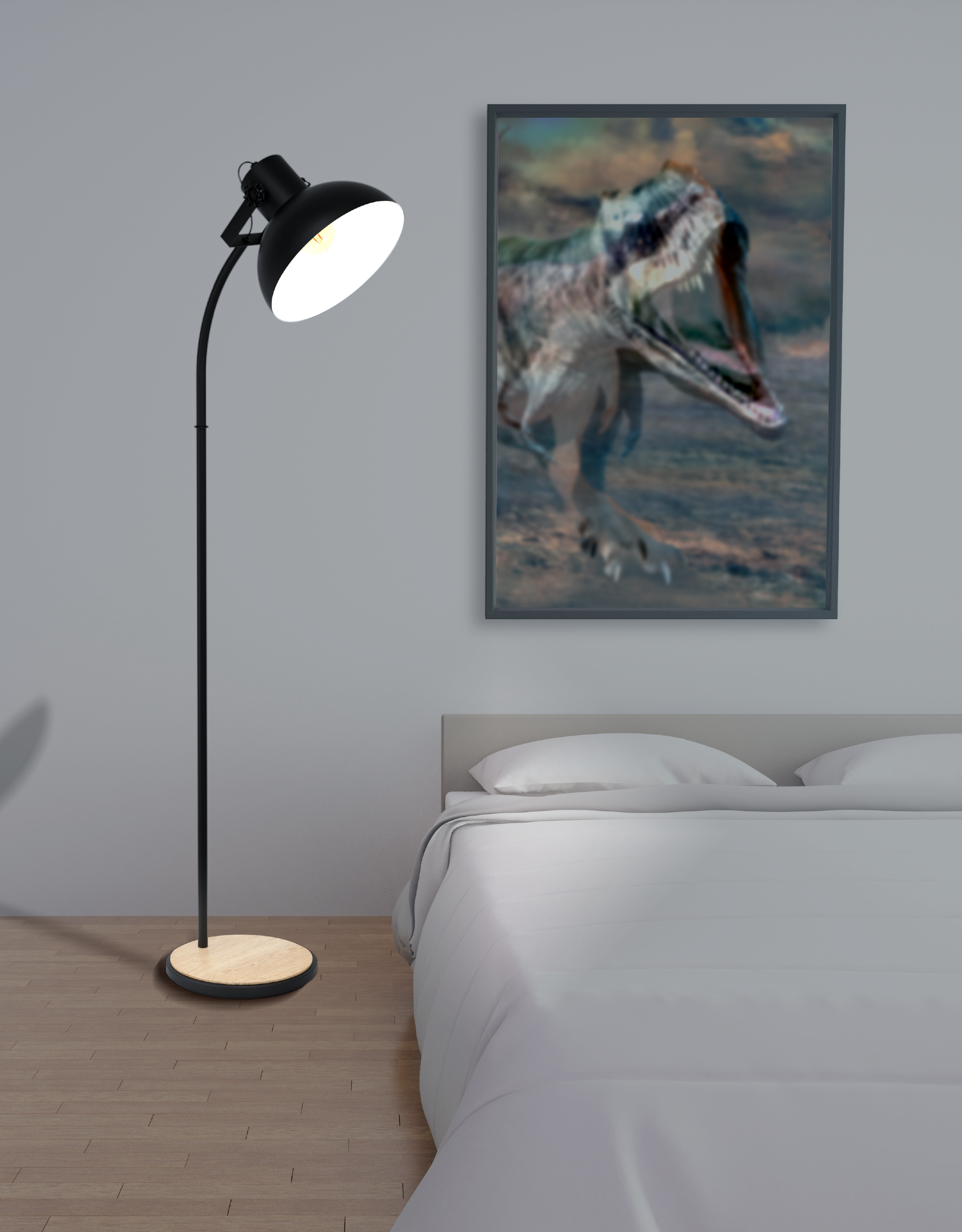 Une chambre avec une image de dinosaure, une lampe noire et un lit avec une literie blanche sur un sol en bois.