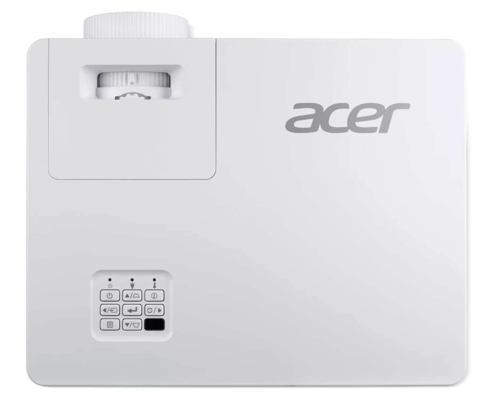 Biały projektor Acer. Zawiera obiektyw, przyciski sterowania i logo Acer. Urządzenie znajduje się na białej powierzchni.
