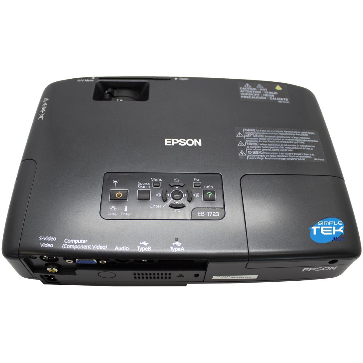 Un proiettore Epson EB-1723 nero, con pulsanti e porte. I loghi Epson e SimpleTek sono visibili.