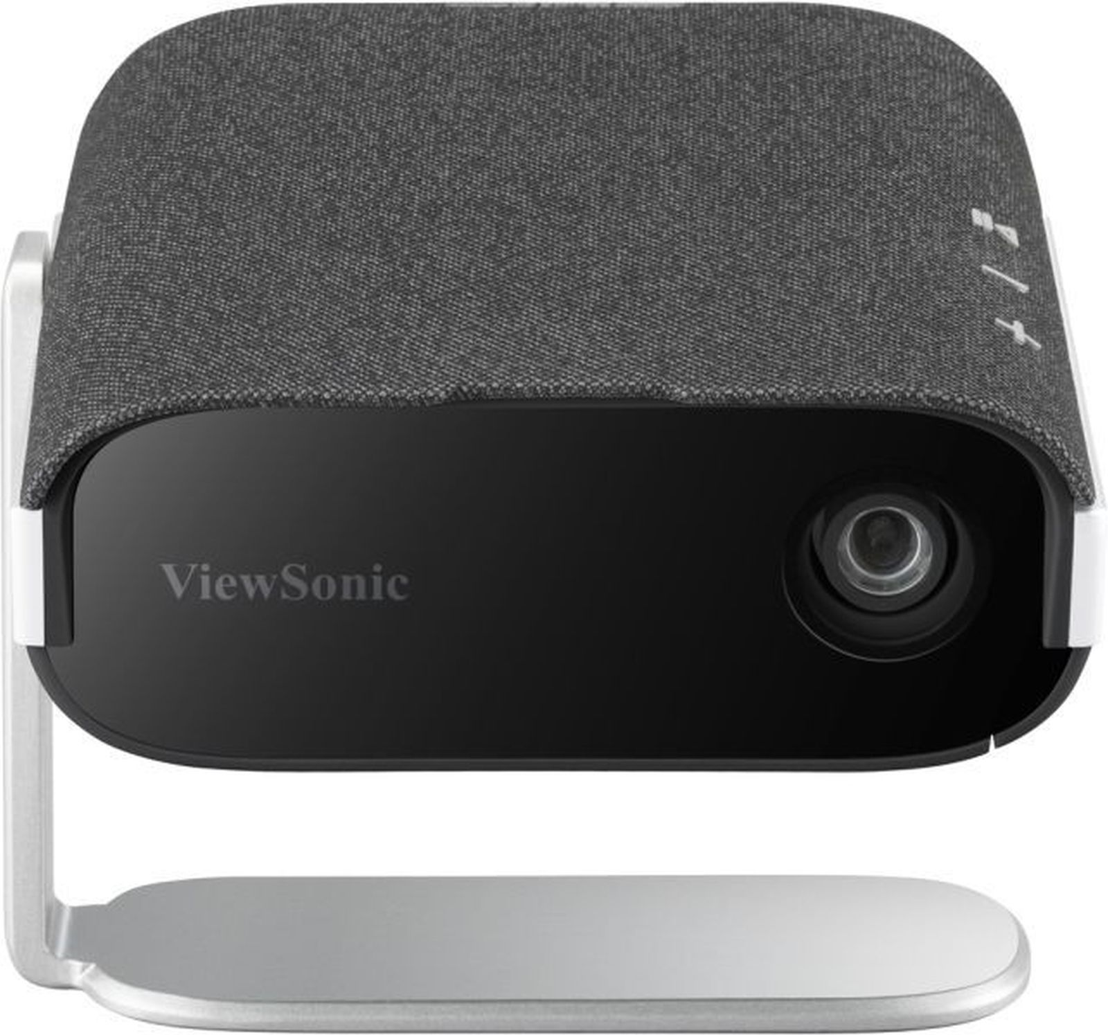 Projektor ViewSonic. Ma szarą materiałową górę, czarny przód z logo ViewSonic i srebrny stojak.