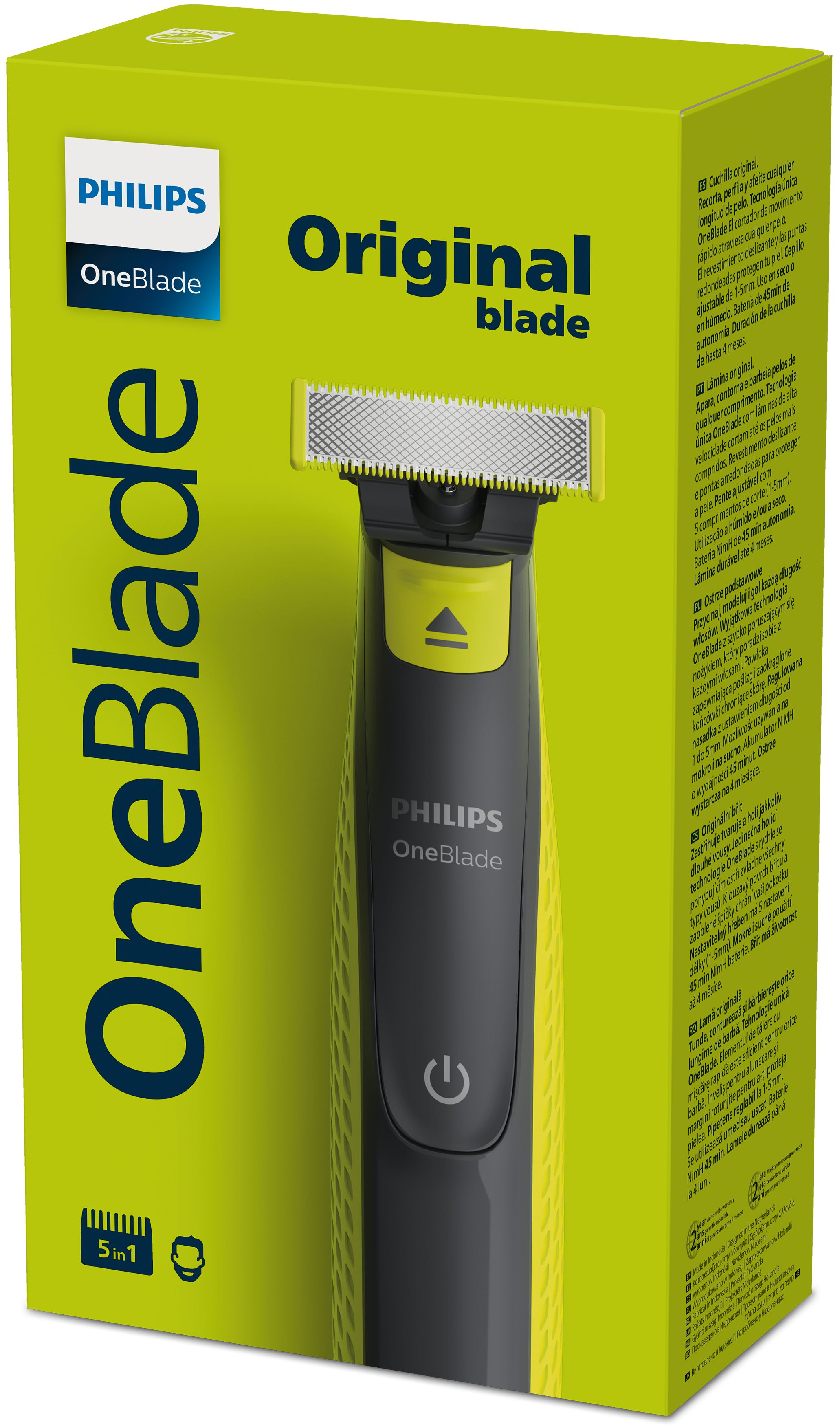 Box zeigt Philips OneBlade. Klinge mit grünem und schwarzem Griff. Text enthält 5 in 1 und Produkteigenschaften.
