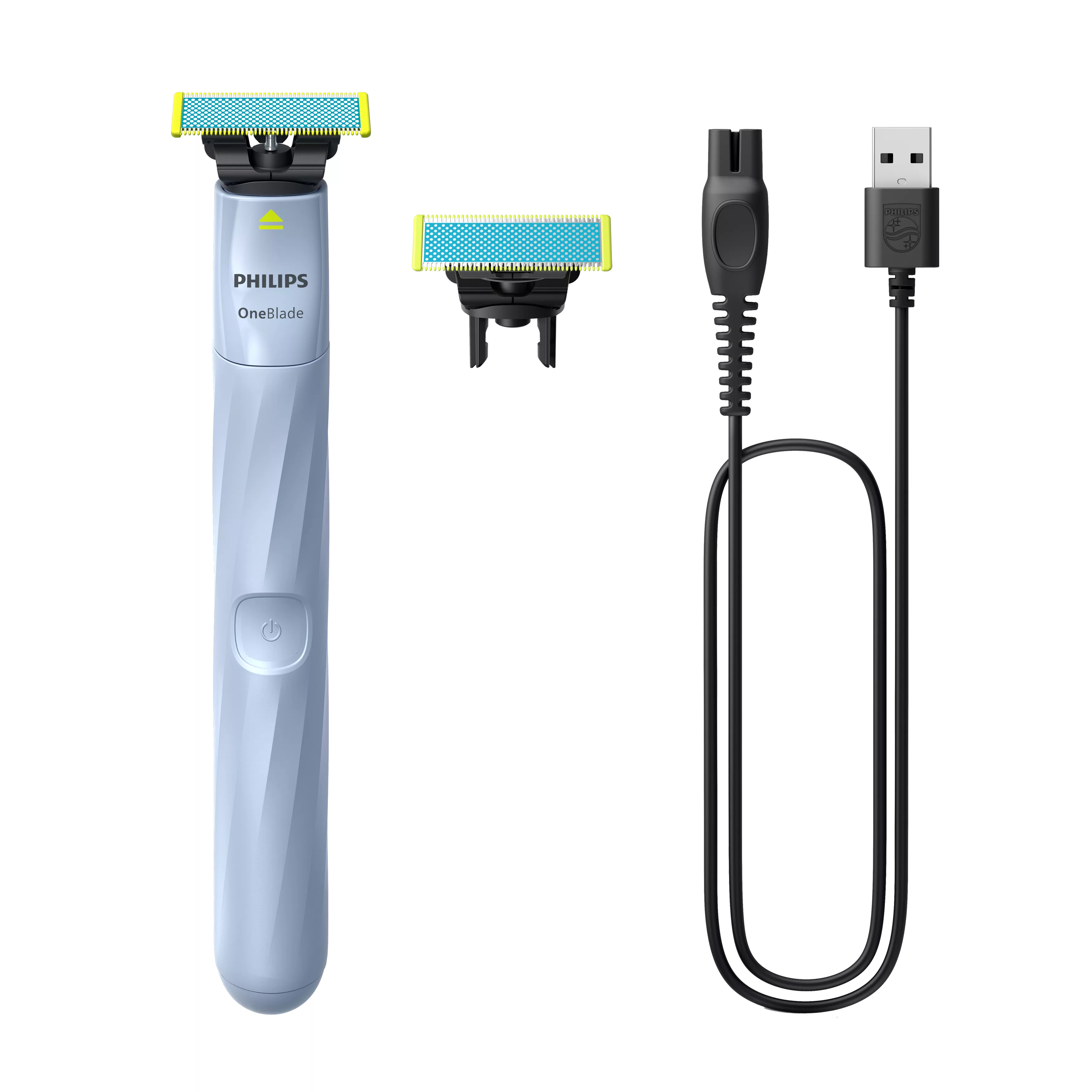 Ein Philips OneBlade Elektrorasierer, ein zusätzlicher Kopf und ein USB-Ladekabel, alles auf weißem Hintergrund.
