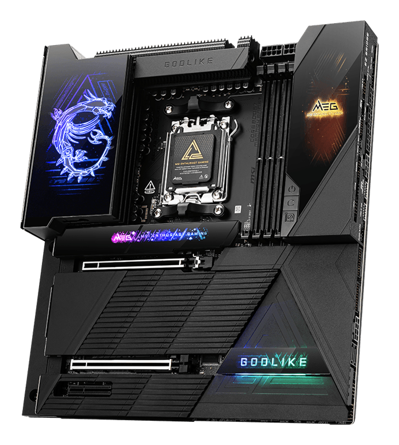 Czarna płyta główna MSI z podświetleniem LED. Posiada logo smoka, markę MEG i napis 'GODLIKE'.