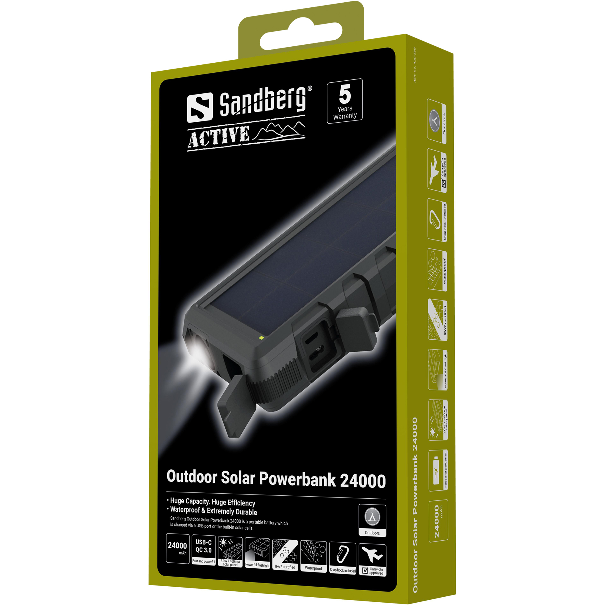 Una scatola Sandberg Outdoor Solar Powerbank 24000, nera e verde, con dettagli del prodotto e un grafico del pannello solare.