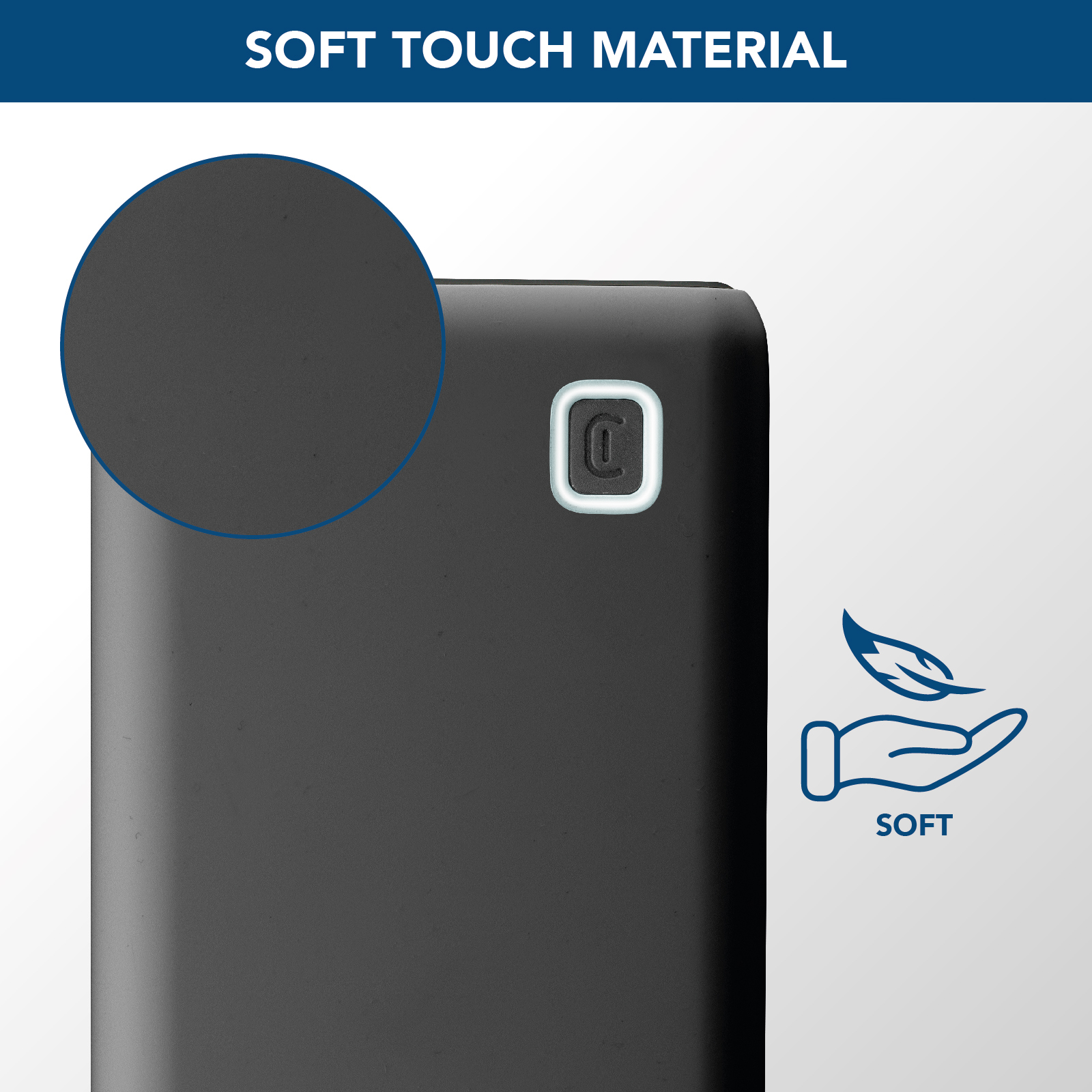 Dispositivo nero con vista circolare ingrandita. È visibile un pulsante di accensione. La parola SOFT è scritta accanto a una mano che tiene una piuma.