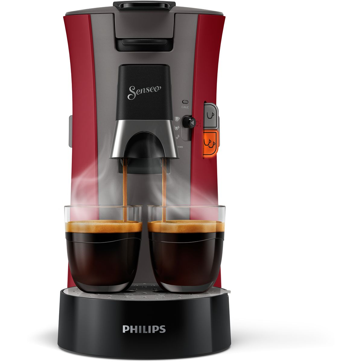 Czerwono-szara ekspres do kawy Senseo dozuje kawę do dwóch szklanek. Para unosi się. Widoczne logo Philips.
