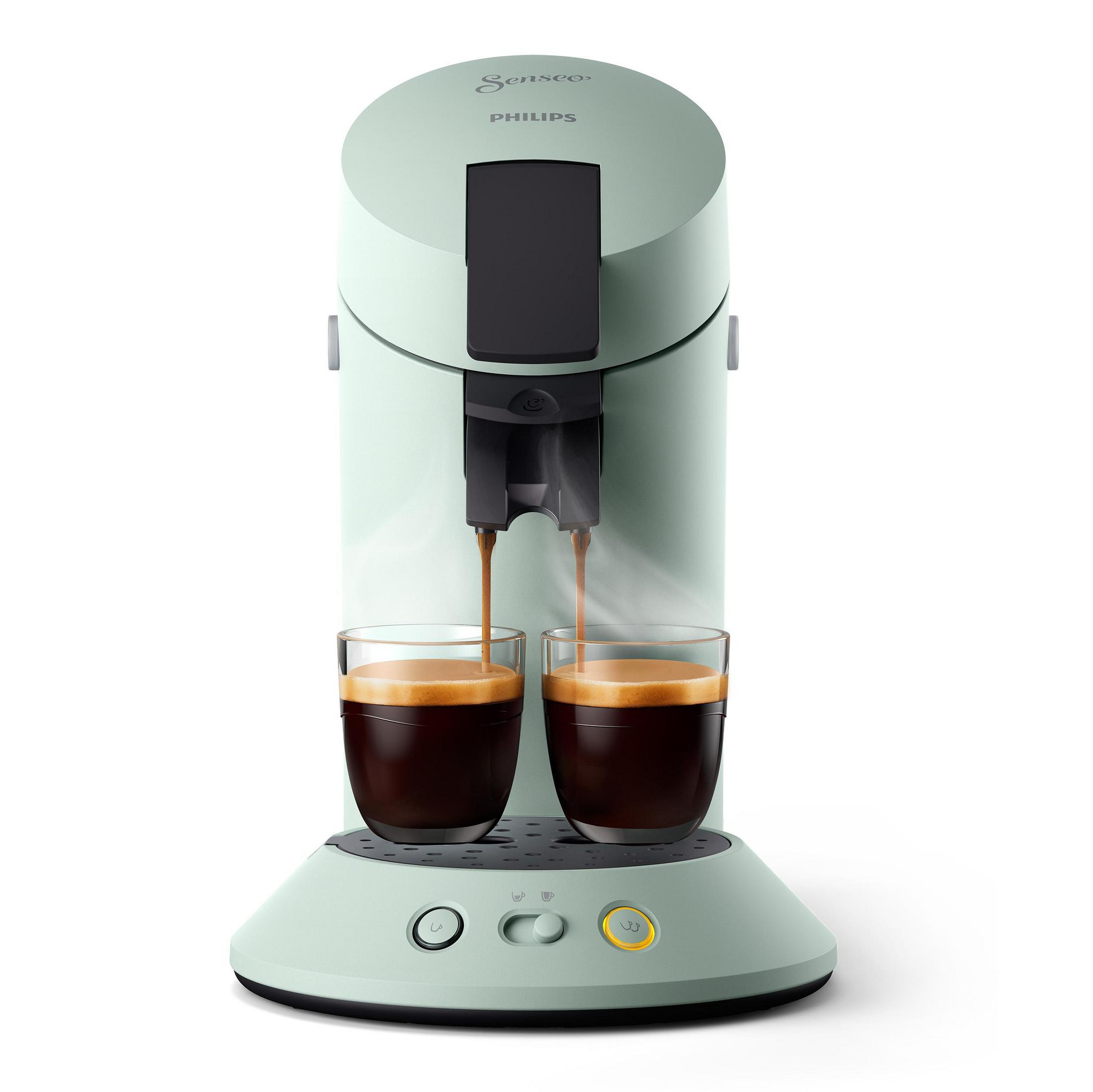 Miętowo-zielony ekspres do kawy Senseo Philips zaparza kawę do dwóch szklanek. Ekspres stoi na białym tle.