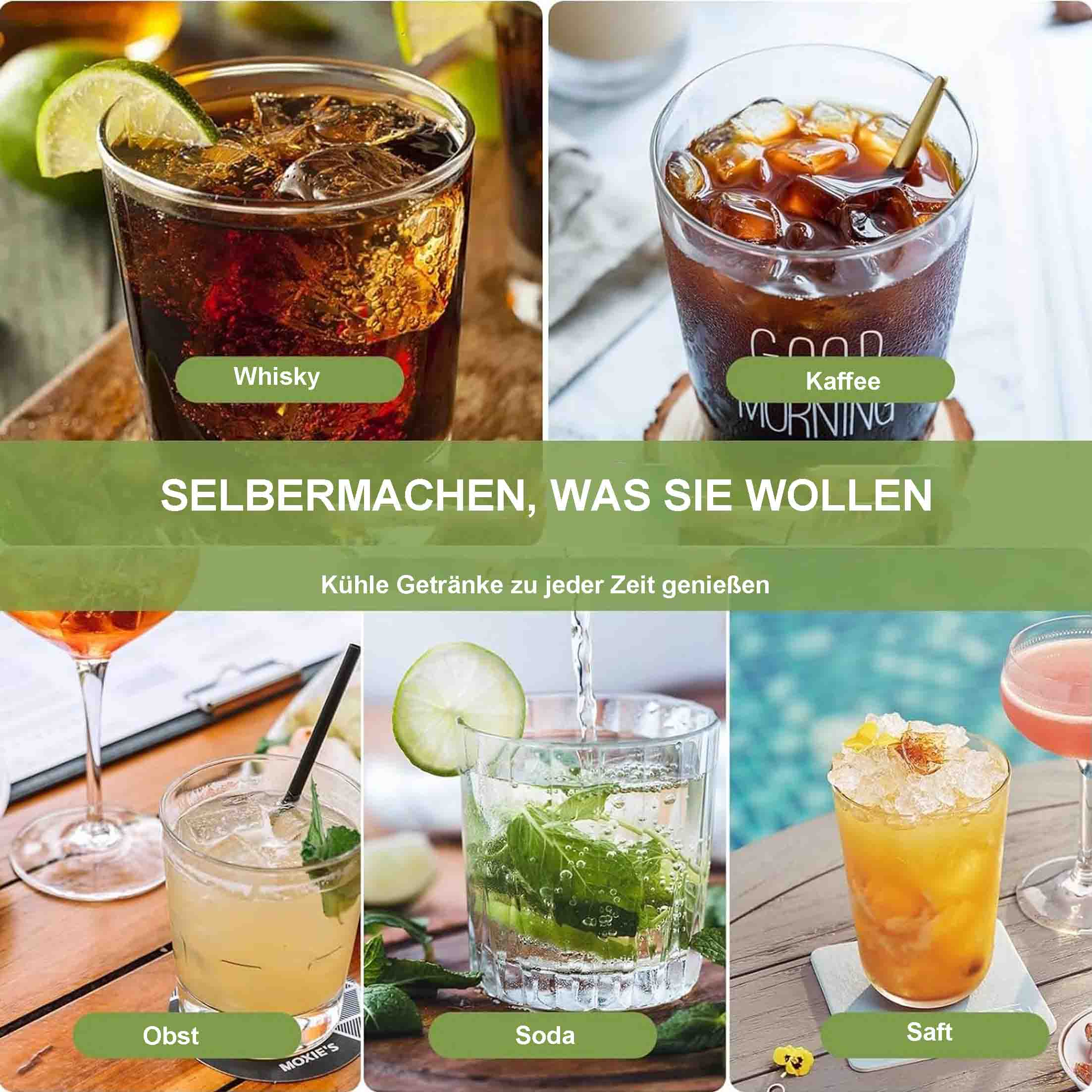 Das Bild zeigt verschiedene Getränke: Whisky, Kaffee, Fruchtgetränk, Soda und Saft. Etiketten identifizieren jedes. Der Hintergrund enthält Text und Limetten.
