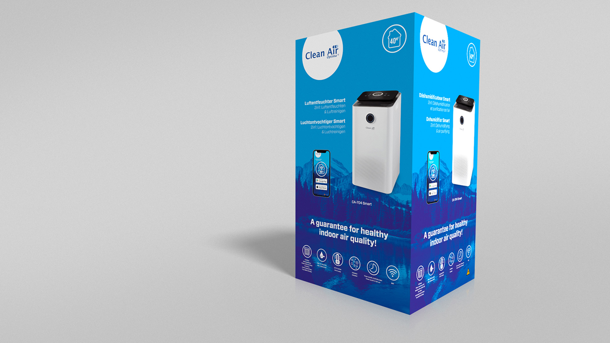 Eine Box mit Luftreinigern, mit dem Markennamen Clean Air. Die Box hat blaue und weiße Farben. Die Box hat Text und Symbole.