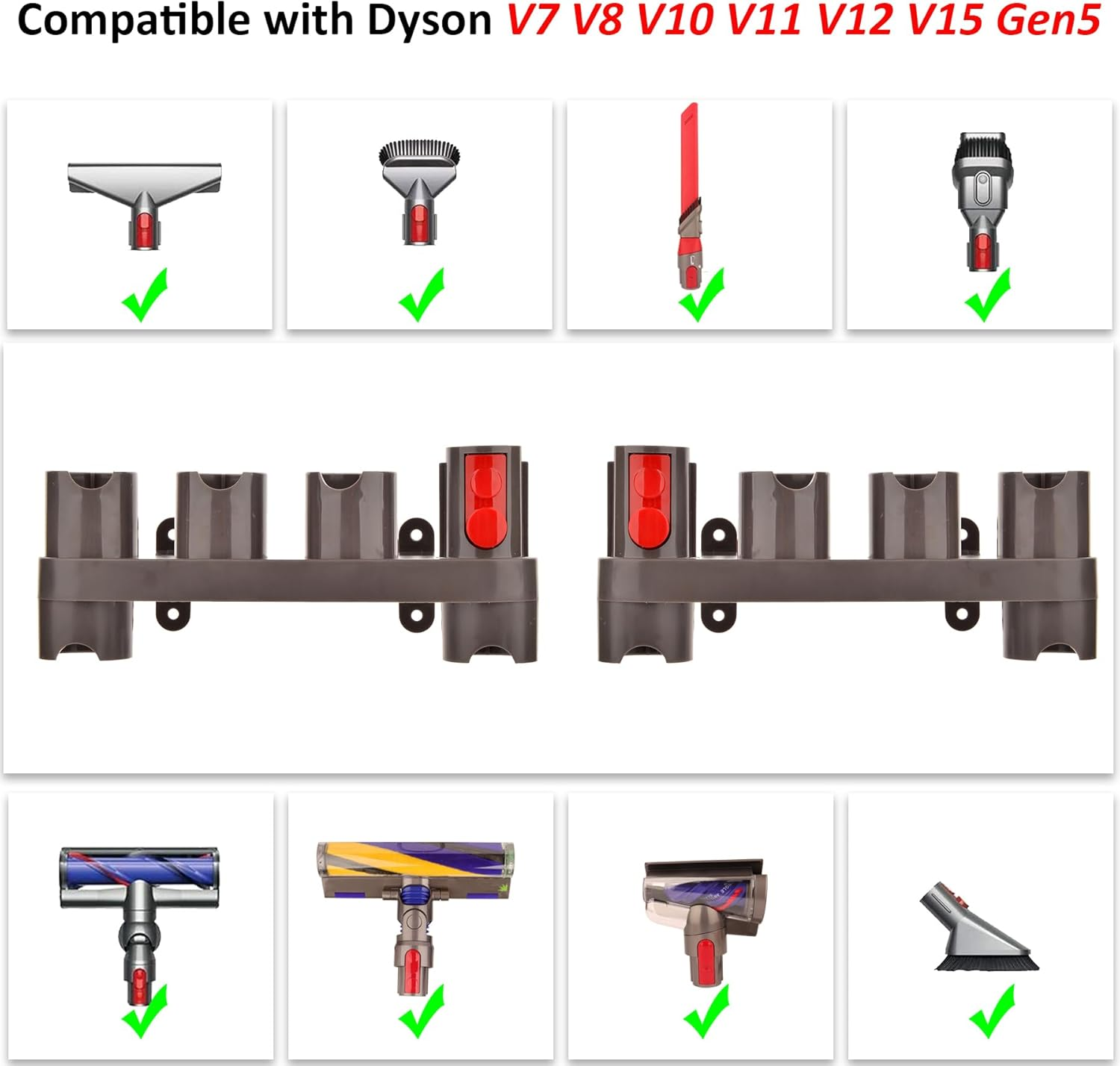 Das Bild zeigt Dyson-Staubsaugeraufsätze. Dazu gehören verschiedene Köpfe, eine Wandhalterung und ein grünes Häkchen, das die Kompatibilität bestätigt.