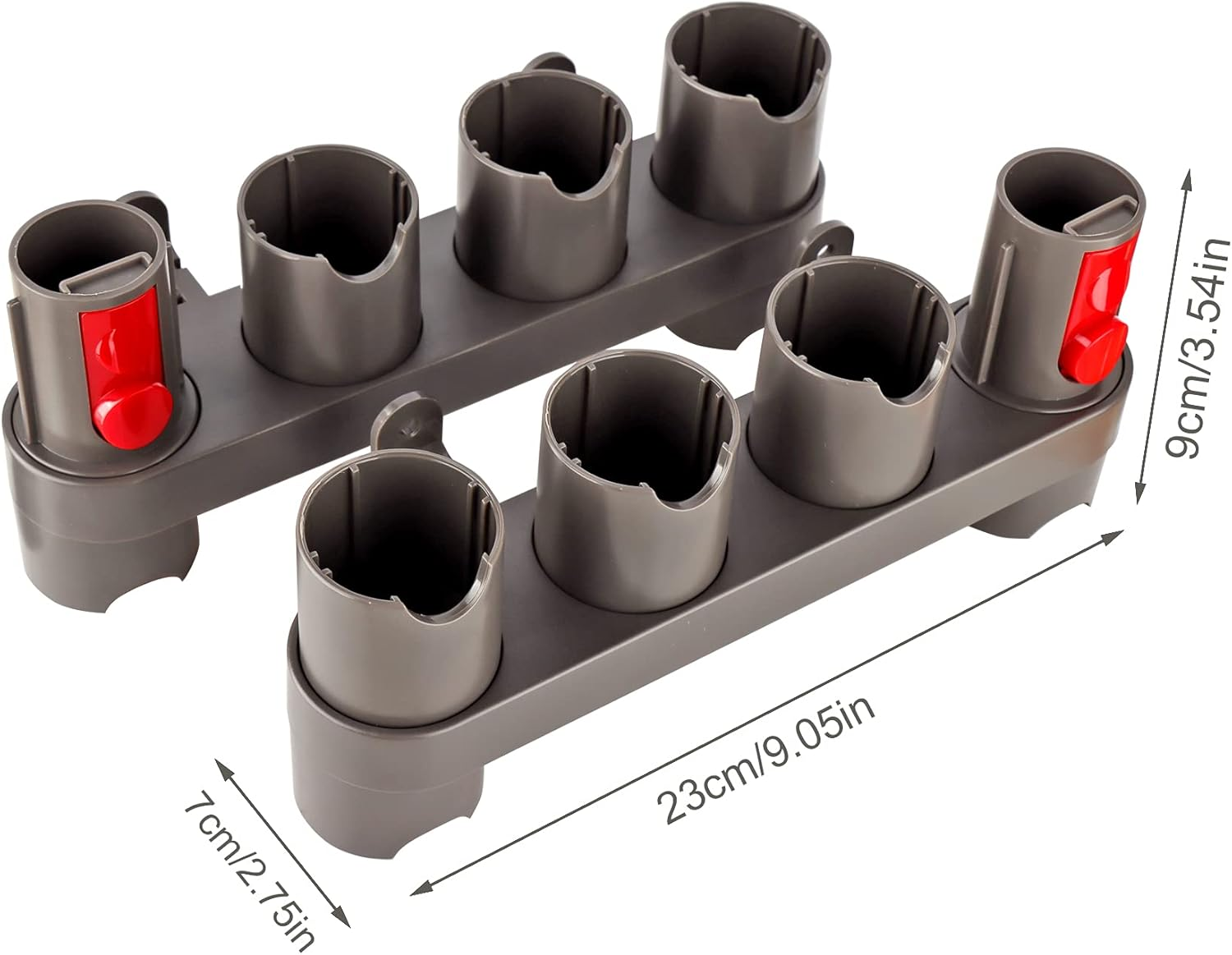 Zwei graue Zubehörhalter für Dyson-Staubsauger. Jedes hat drei zylindrische Schlitze und einen roten Entriegelungsknopf. Maße angegeben.