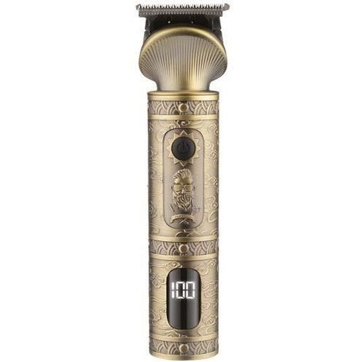 Ein goldener Haarschneider mit Bartdesign und einer Digitalanzeige mit der Zahl 100. Der Clipper hat ein detailliertes, verziertes Muster.
