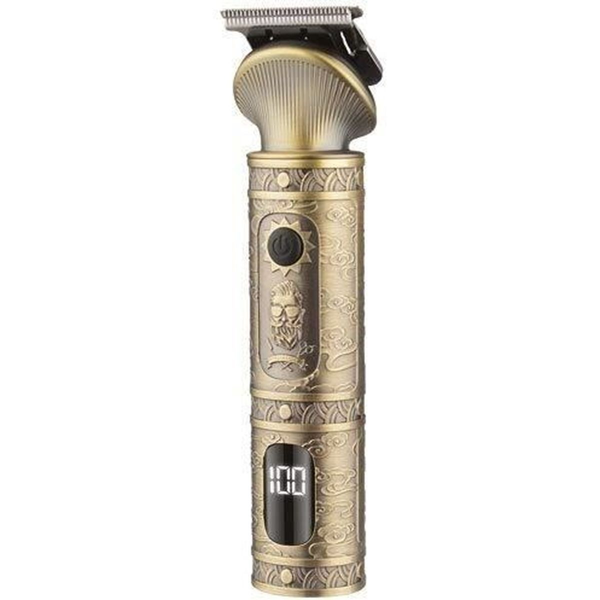 Ein bronzefarbener Haarschneider mit Digitalanzeige 100. Er hat ein Bartdesign und einen Power-Knopf.