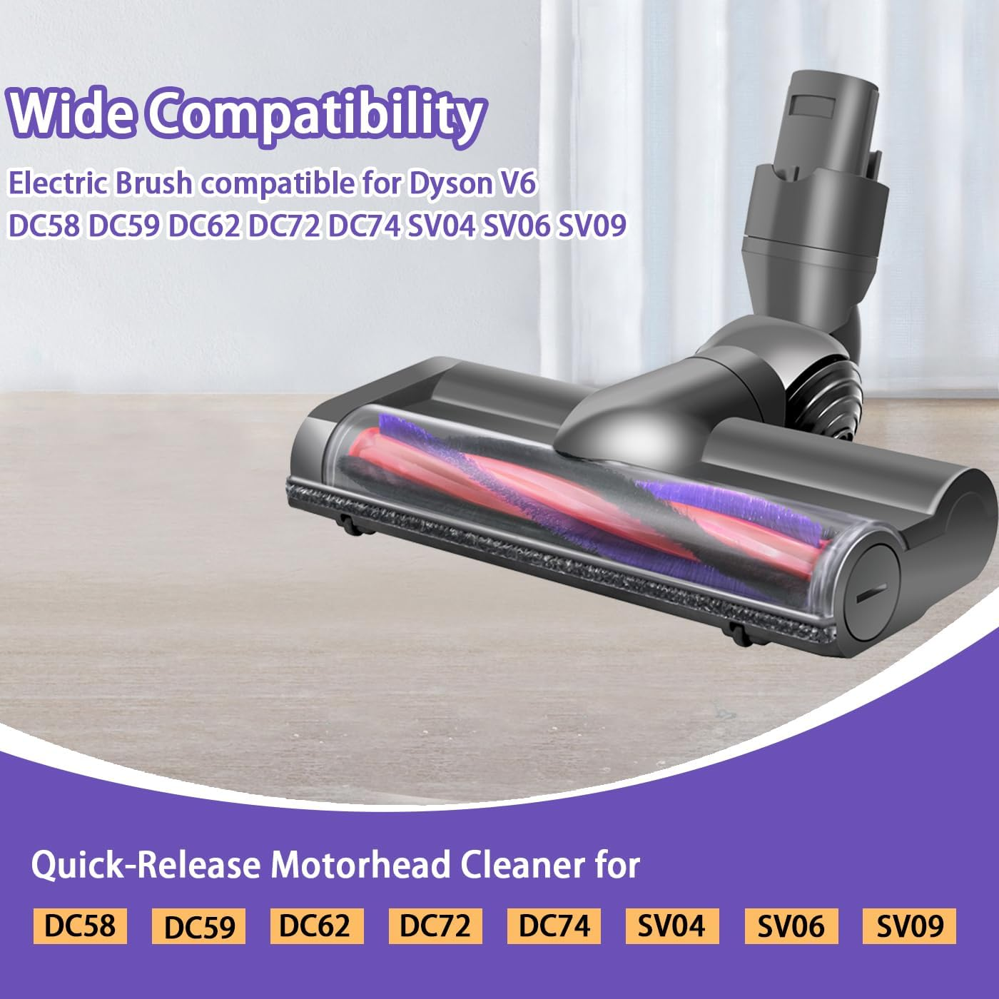 Ein grauer Dyson V6-Staubsaugerkopf. Der Text lautet "Wide Compatibility" und listet Modellnummern auf. Lila und rote Bürsten sichtbar.