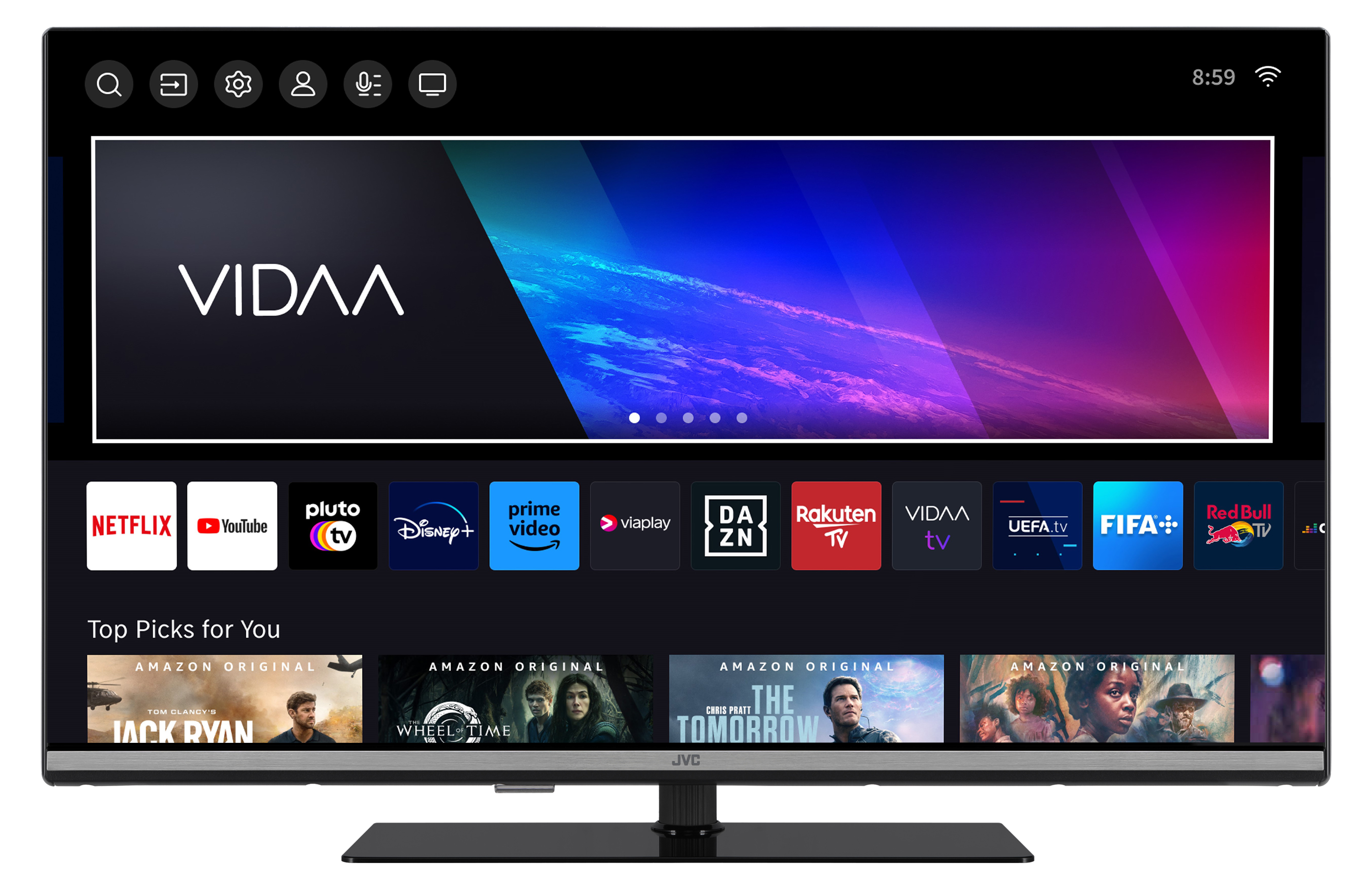 Ein JVC-Fernseher zeigt die VIDAA-Oberfläche. Apps wie Netflix, YouTube und Disney+ sind sichtbar.