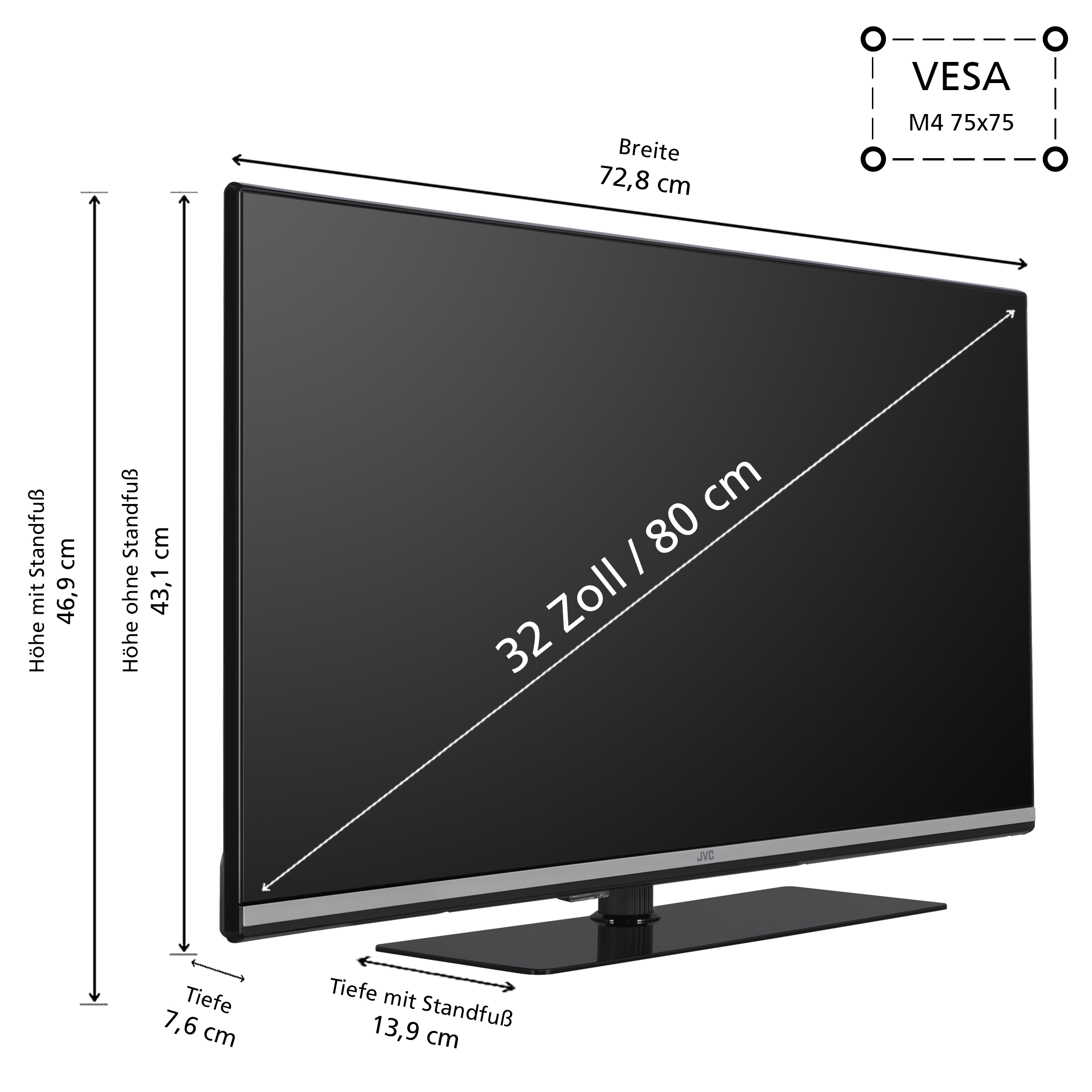 Ein schwarzer JVC-Fernseher mit Maßen und VESA-Details. Er hat einen Standfuß und 32 Zoll.