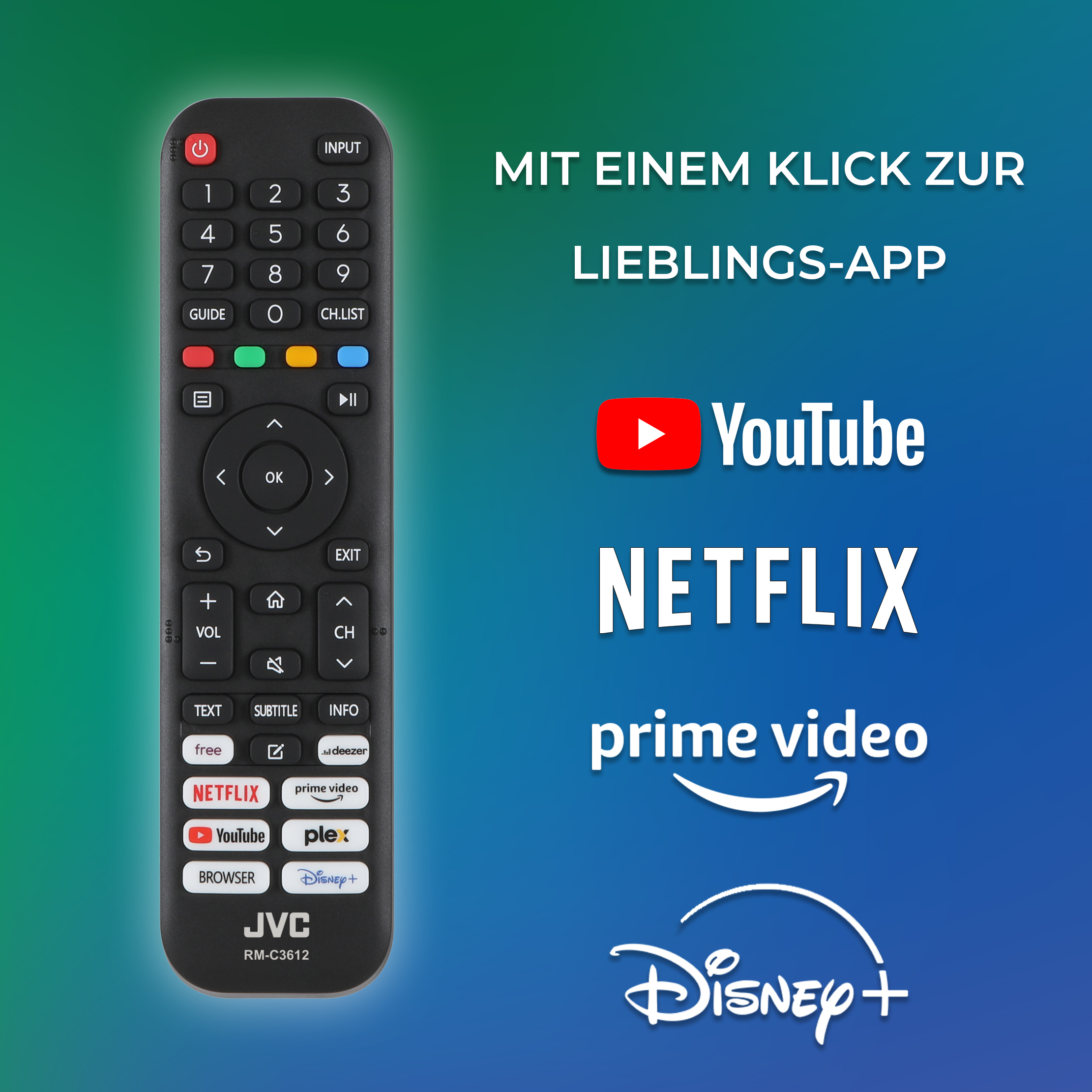 Eine schwarze JVC-Fernbedienung mit Tasten und Logos von Streaming-Diensten wie Netflix, YouTube und Disney+.