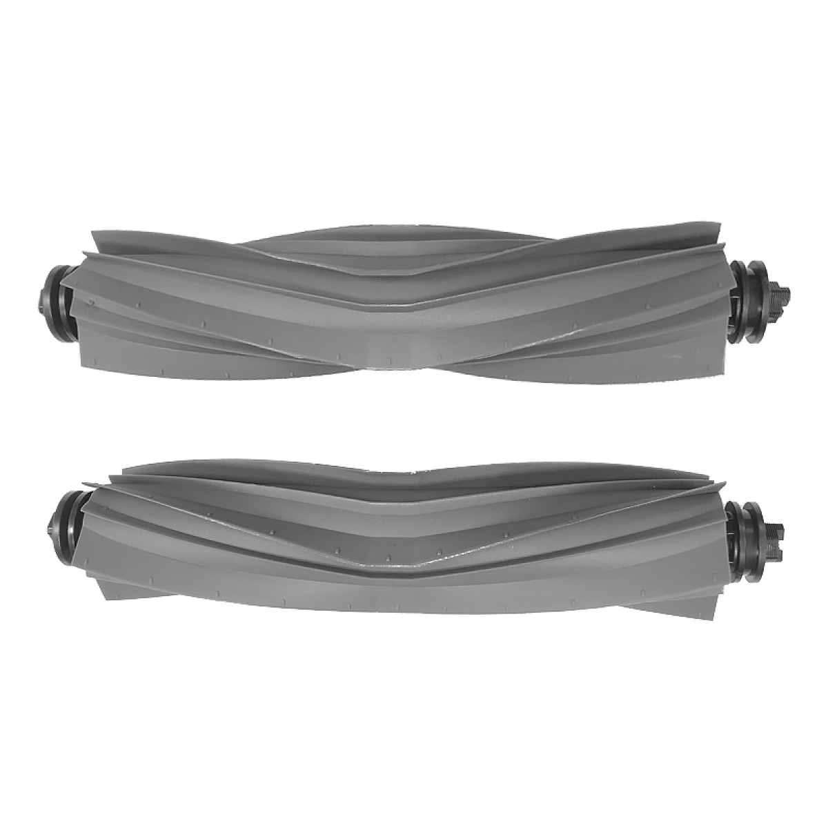 Zwei graue Staubsaugerbürsten vor weißem Hintergrund. Die Bürsten sind parallel und haben eine geriffelte Oberfläche.