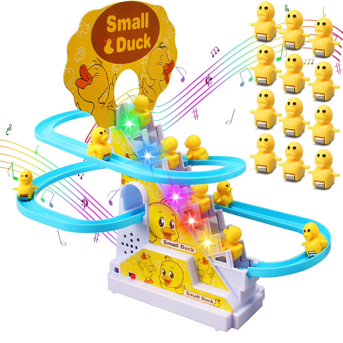Ein Spielzeug mit gelben Enten auf einer blauen Bahn. Lichter und Noten sind sichtbar. "Small Duck" steht auf dem Spielzeug.