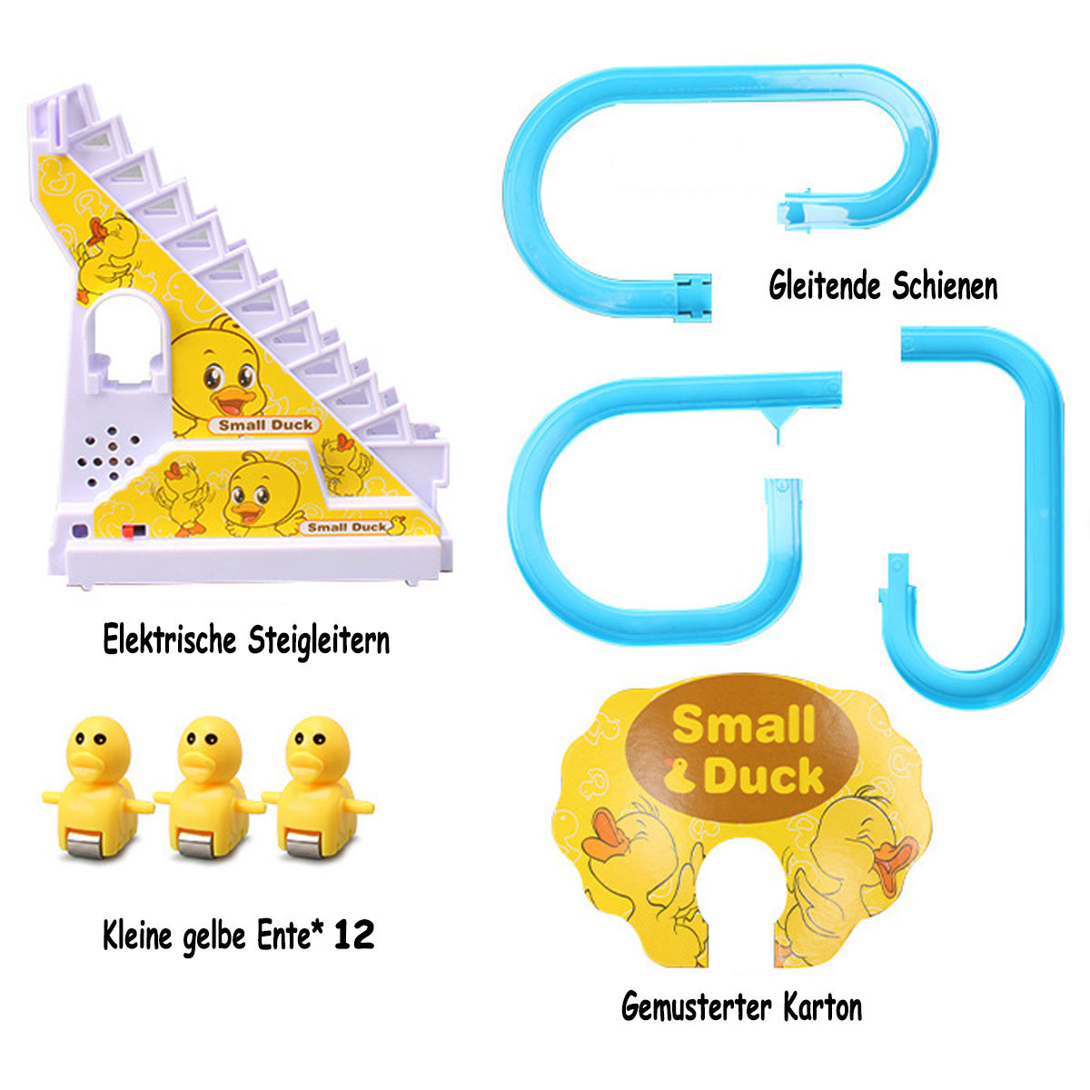 Spielzeugset mit gelben Enten, Treppe, blauen Schienen und einer gemusterten Karte. Text enthält 'Small Duck' und deutsche Beschriftungen.