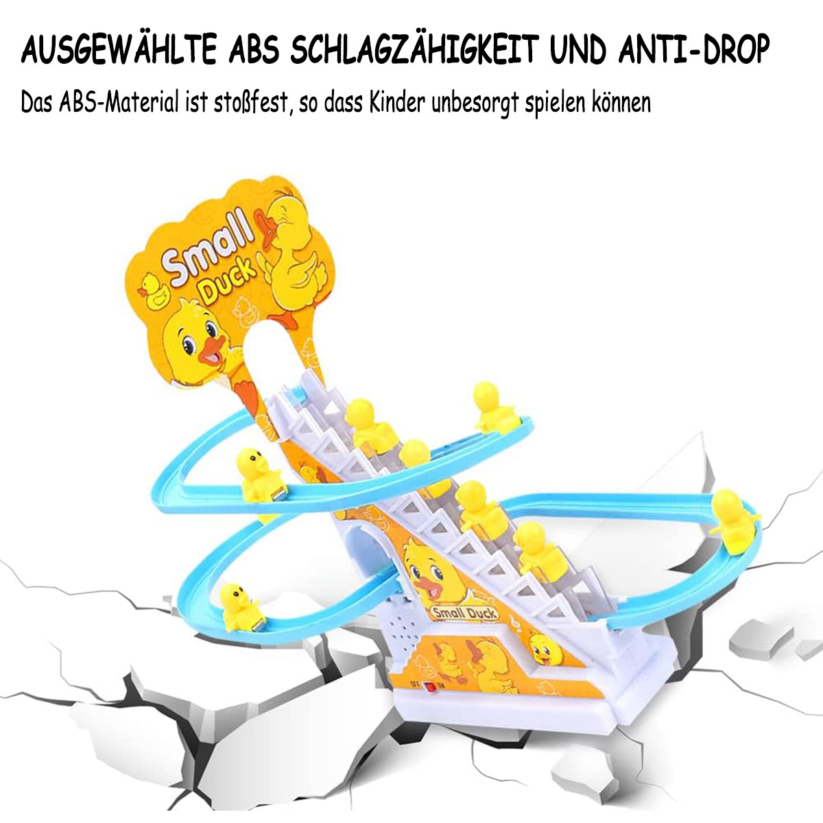 Ein gelbes Entenspielzeug mit einer Bahn. Enten klettern Treppen hinauf und rutschen die Bahn hinunter. Text: ABS-Schlagzähigkeit und Anti-Drop.
