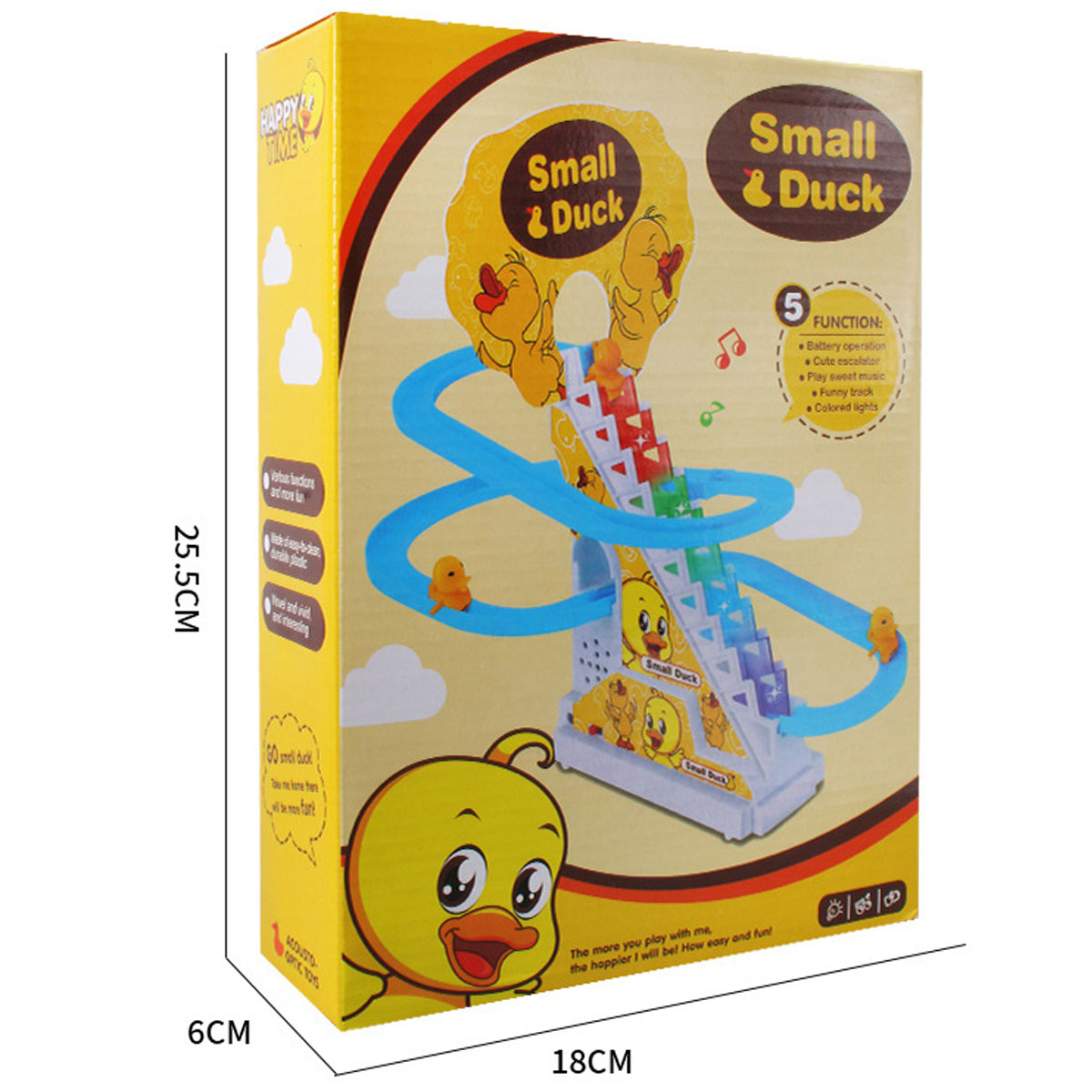 Ein gelber Spielzeugkarton mit einer Entenbahn und einer Cartoon-Enten-Illustration. Abmessungen sind auf dem Karton angegeben.