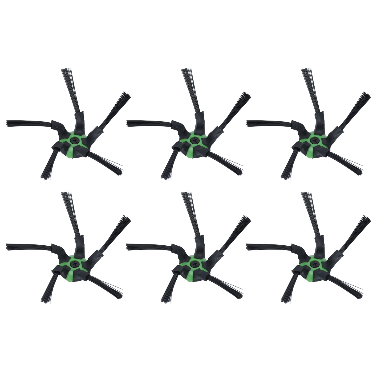 Sechs Roboter-Staubsaugerbürsten. Jede hat eine grüne Mitte, schwarze Borsten und schwarze Kunststoffarme, sternförmig angeordnet.