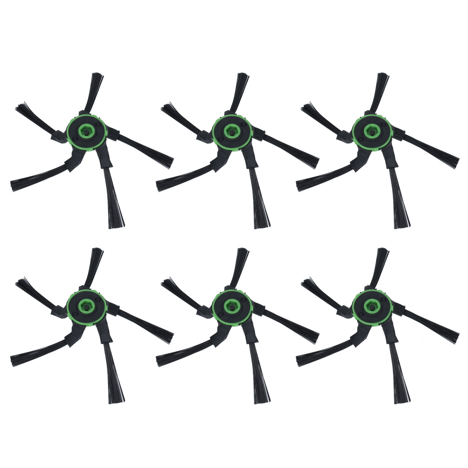Sechs schwarze und grüne Roboter-Staubsaugerbürsten, angeordnet in zwei Reihen von drei, vor weißem Hintergrund.