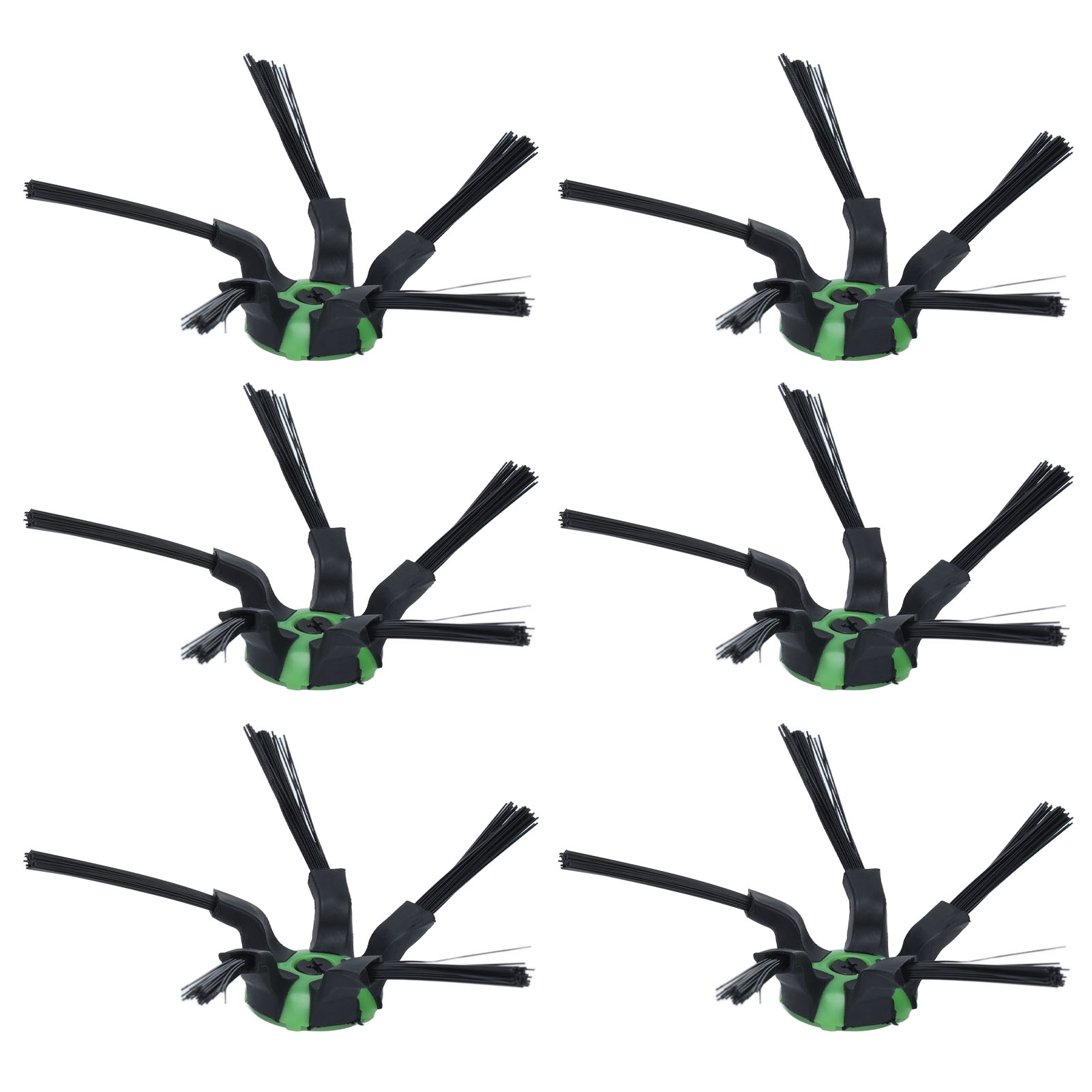 Sechs Bürsten für Roboter-Staubsauger. Jede hat eine grüne Mitte, schwarze Borsten und schwarze Arme.