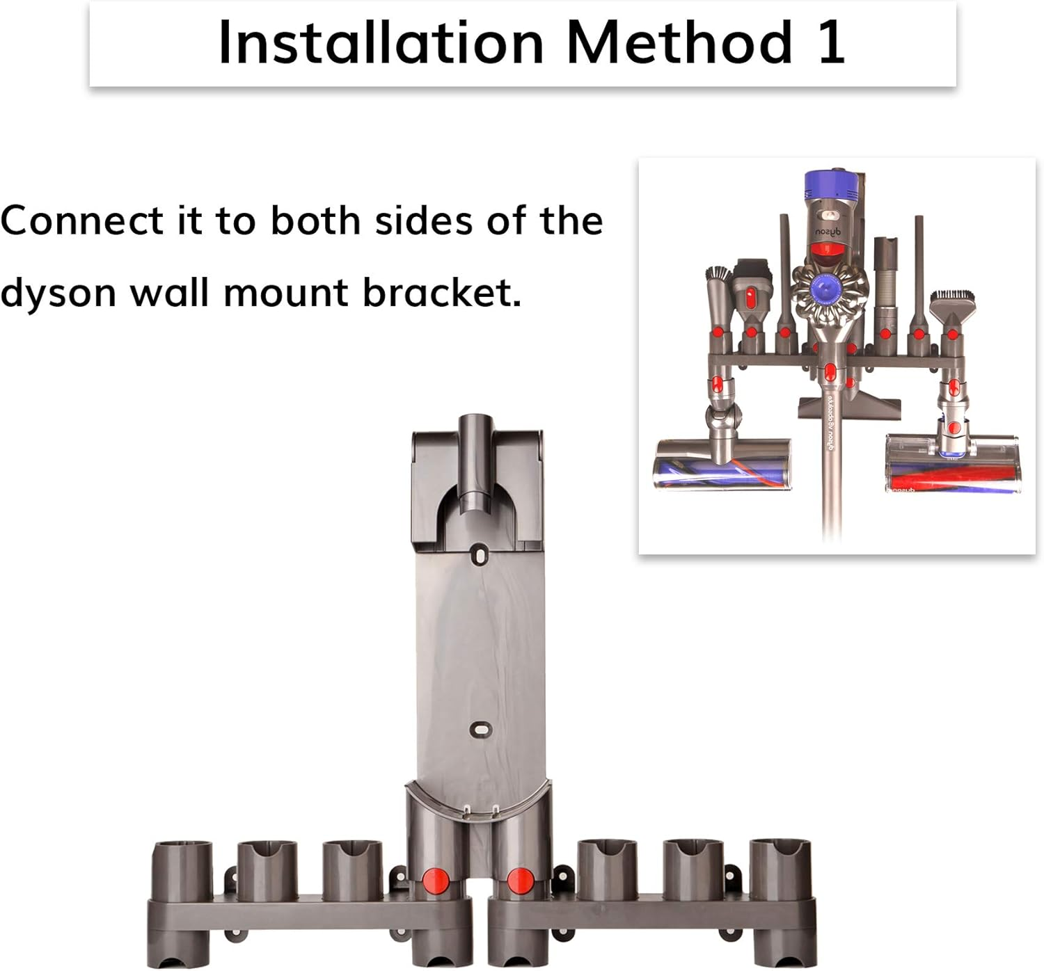 Installationsanleitung für einen Dyson-Staubsauger. Zeigt die Wandhalterung und den Staubsauger mit Zubehör. Text lautet Installationsmethode 1.